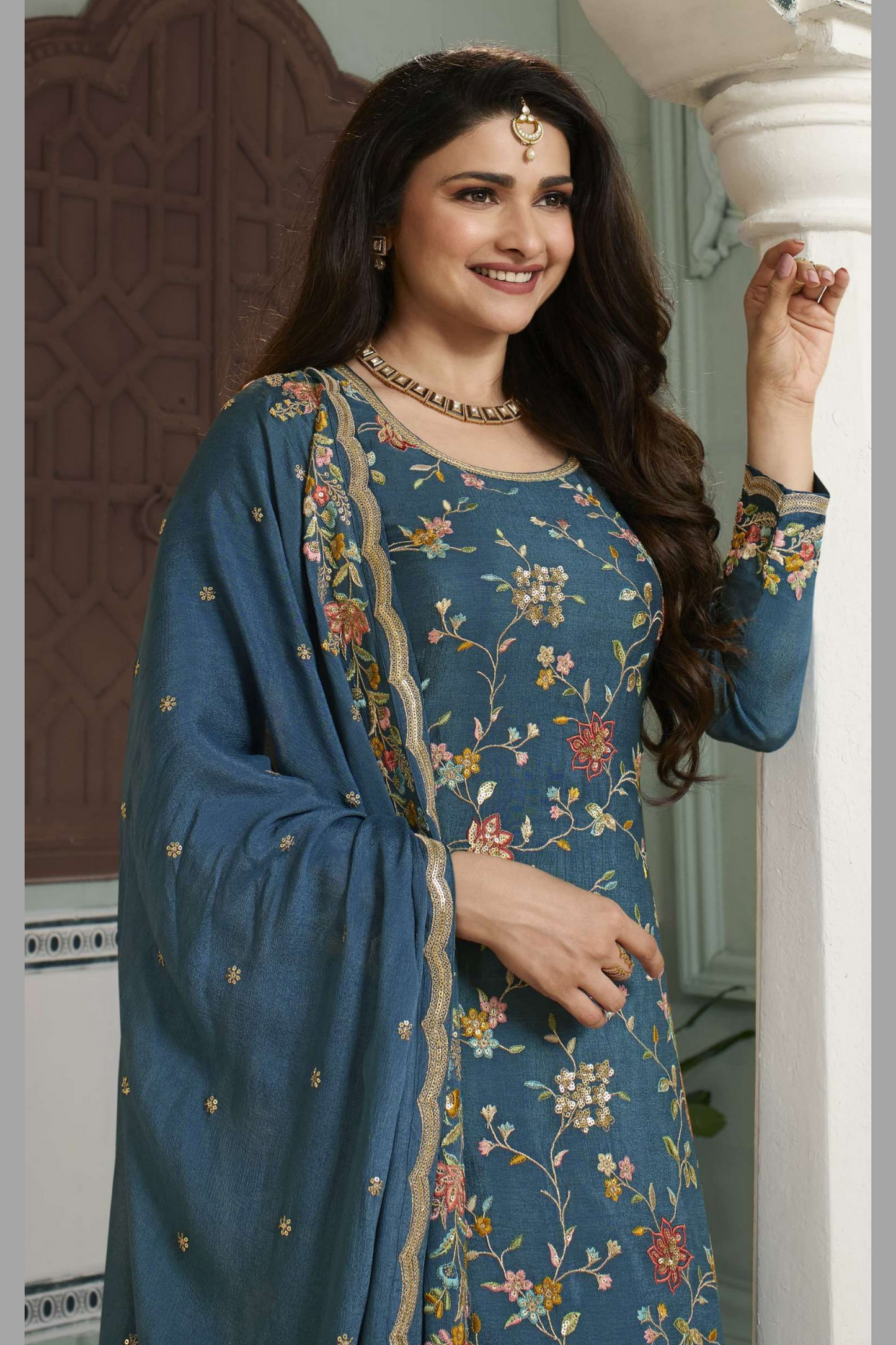 Blue Chinon Silk Floral Plazo Suit For  Festivals &  Weddings Dress - Embroidery Work