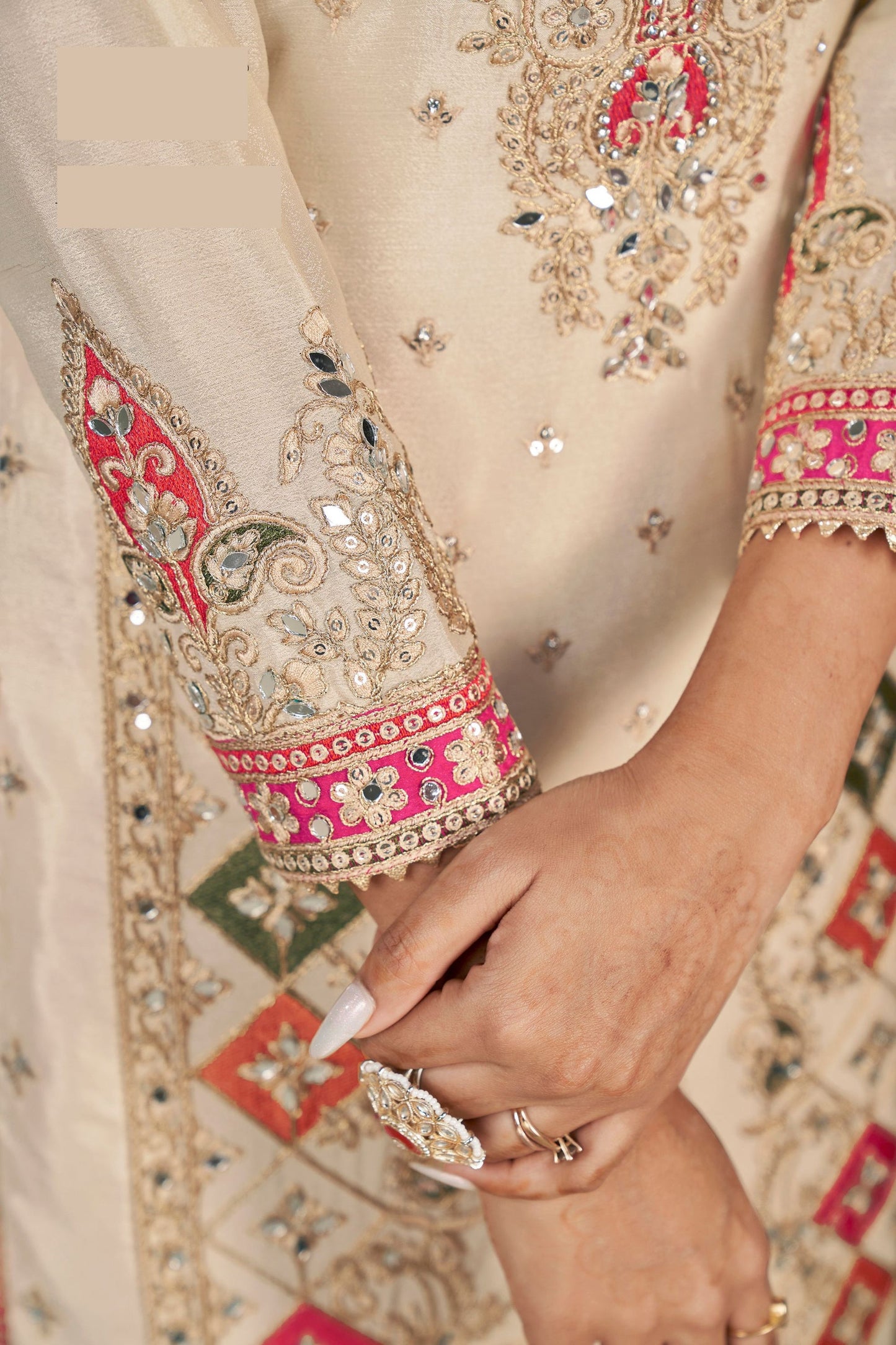 Cream Chinon Silk Salwar suit - Sequence Embroidery Work, Dori Work, Print Work, Mirror Work