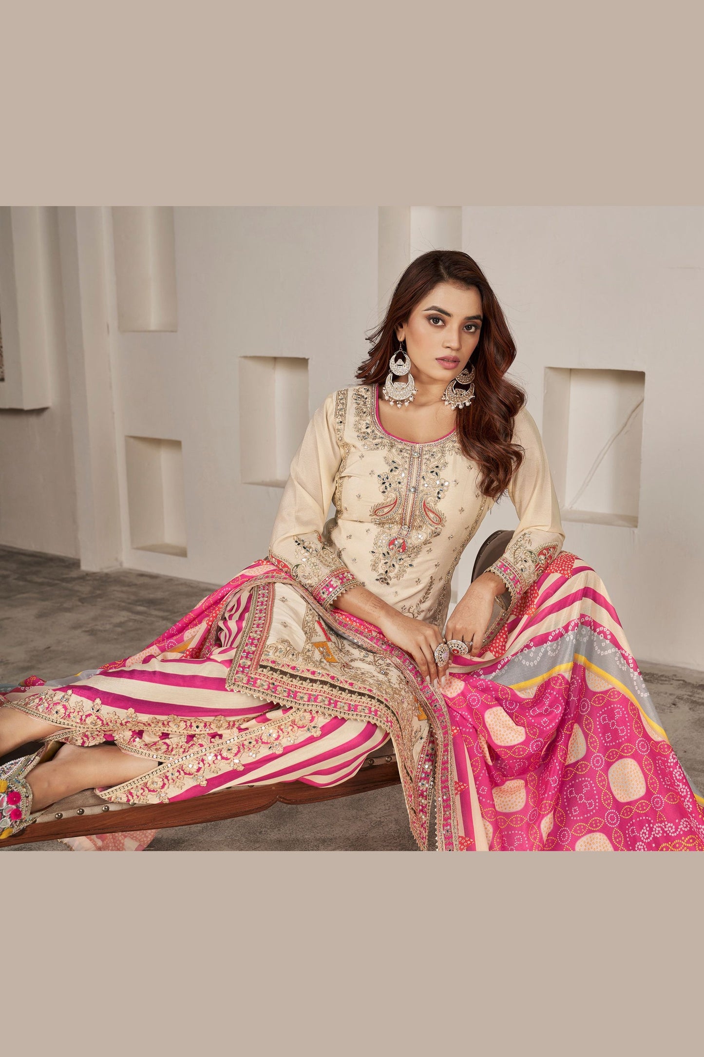 Cream Chinon Silk Salwar suit - Sequence Embroidery Work, Dori Work, Print Work, Mirror Work