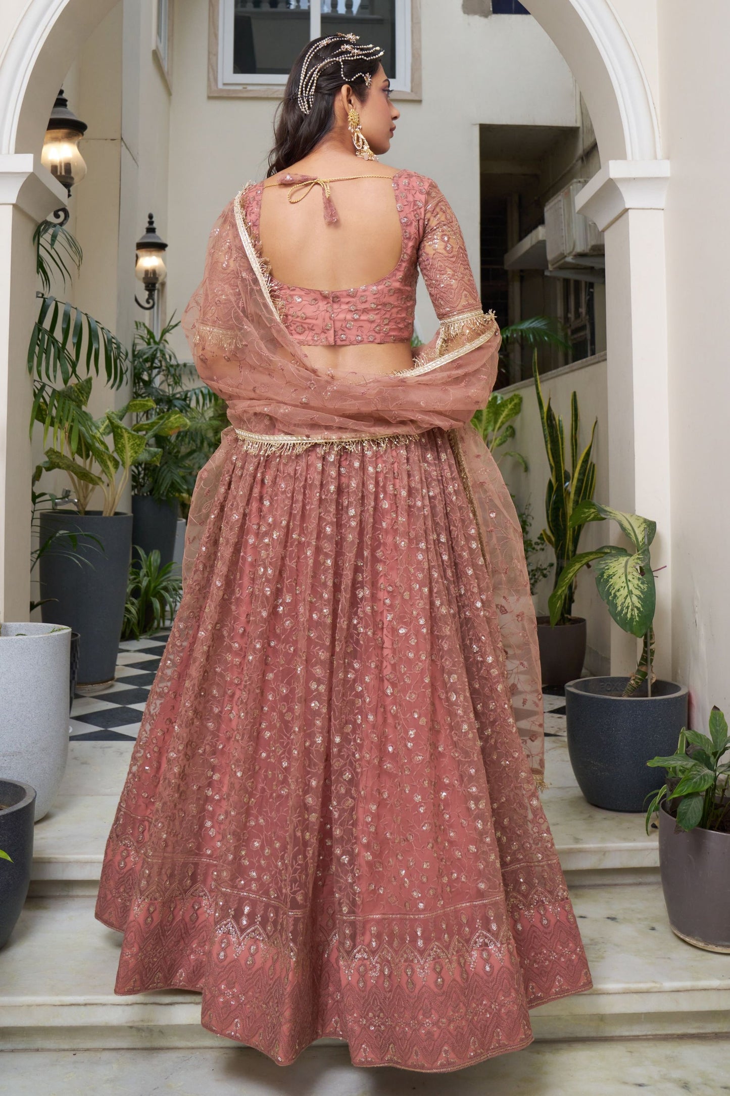 Peach Net Embroidered Lehenga Choli For  Festival & Weddings - Embroidery Work