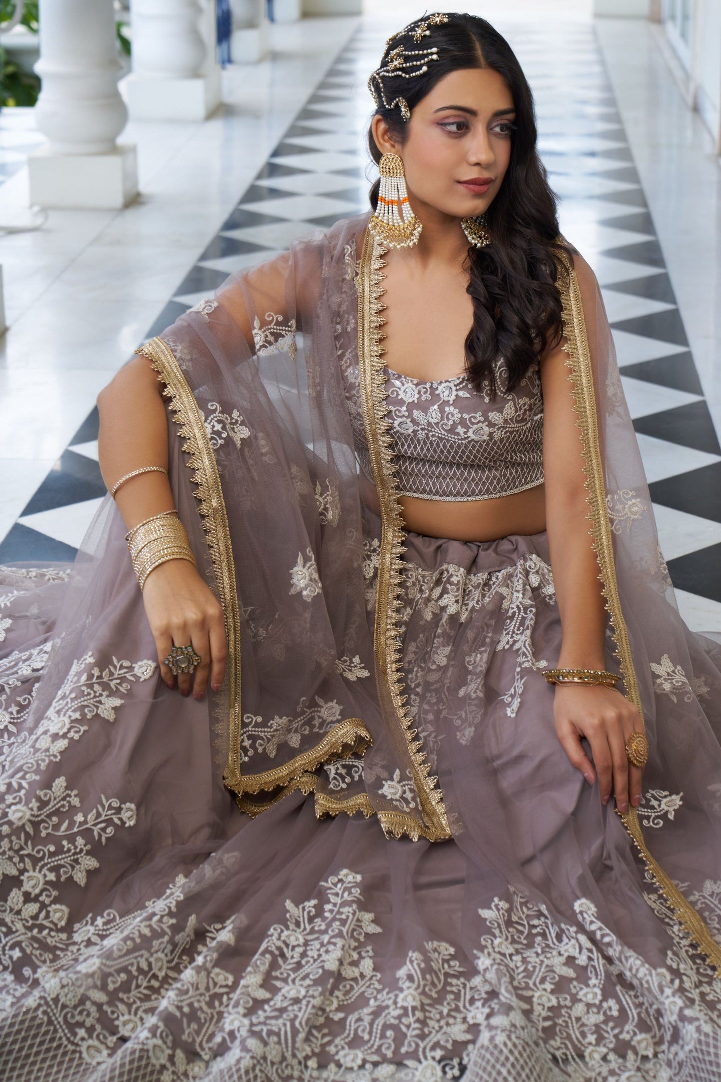 Grey Net Embroidered Lehenga Choli For  Festival & Weddings - Embroidery Work