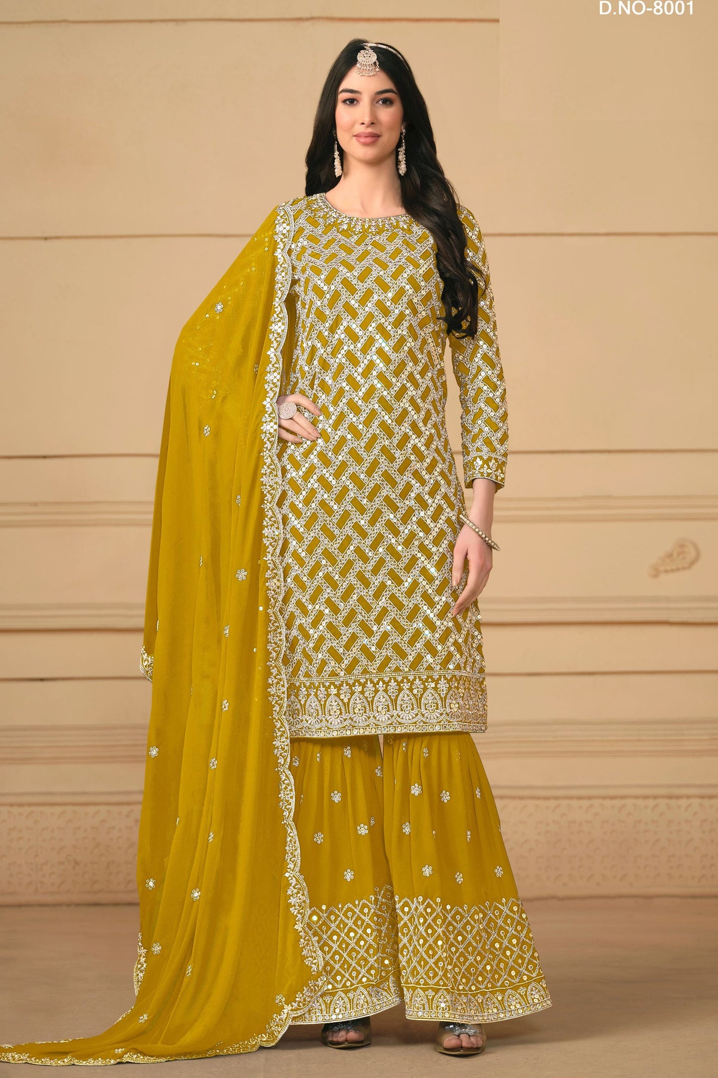 Golden Georgette Sharara Suit - Embroidery Work