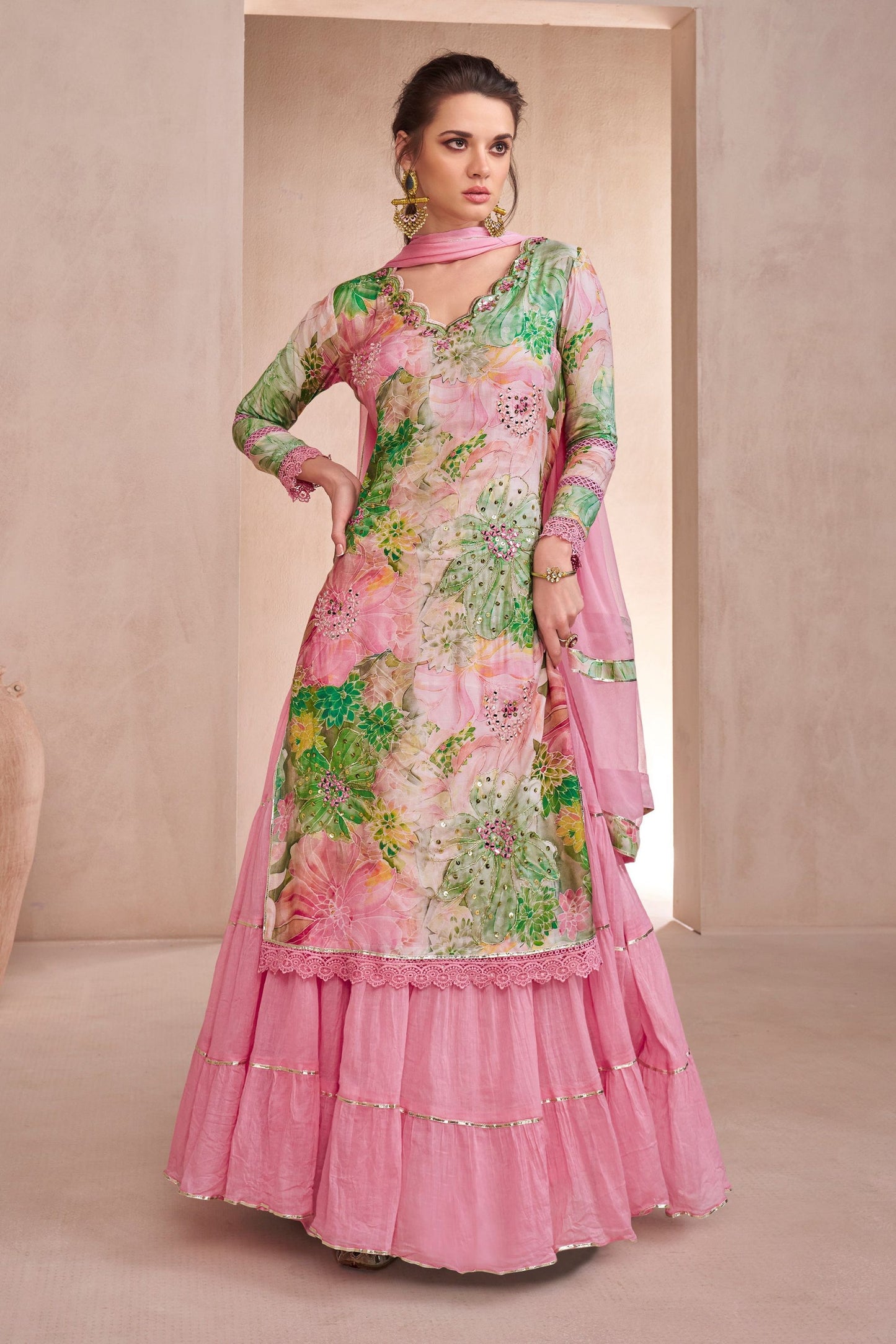 Baby Pink Muslin Silk Long salwar Suit with Skirt - Hand Embellishment Work