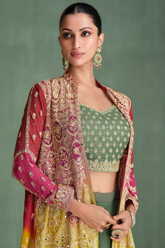 Dusty Green Georgette Lengha Choli with Dual Color Jacket For  Festivals &  Weddings Dress - Embroidery Work, Mirror Work