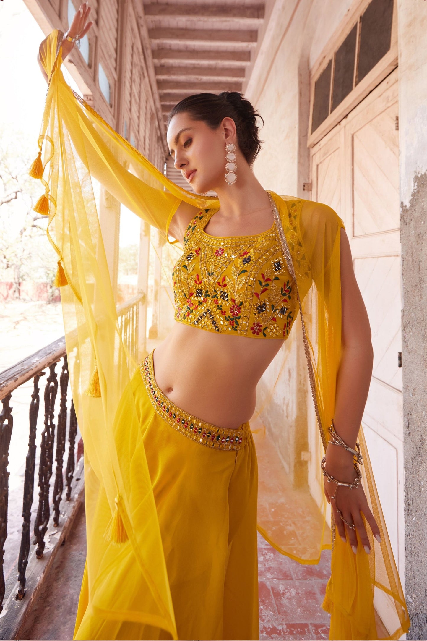 Yellow Georgette Palazzo Choli For Festivals & Weddings - Thread Embroidery Work, Hand Embellishment, Mirror Work