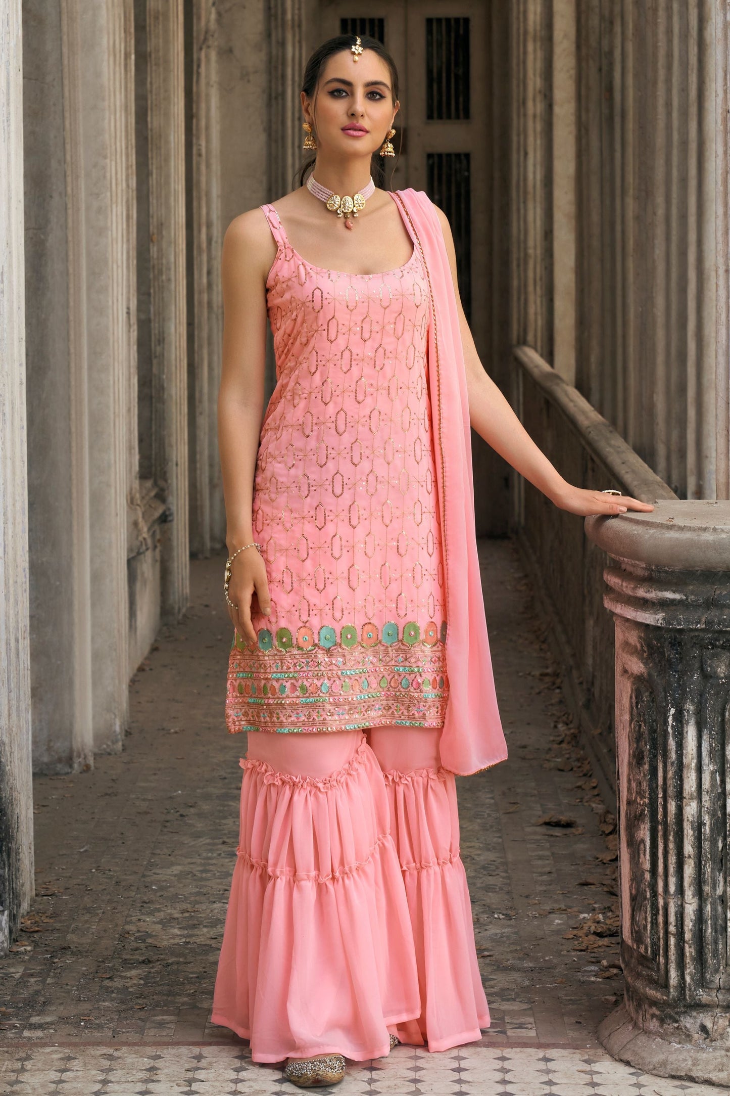 Baby Pink Georgette Sharara Suit - Thread & Sequence Embroidery Work