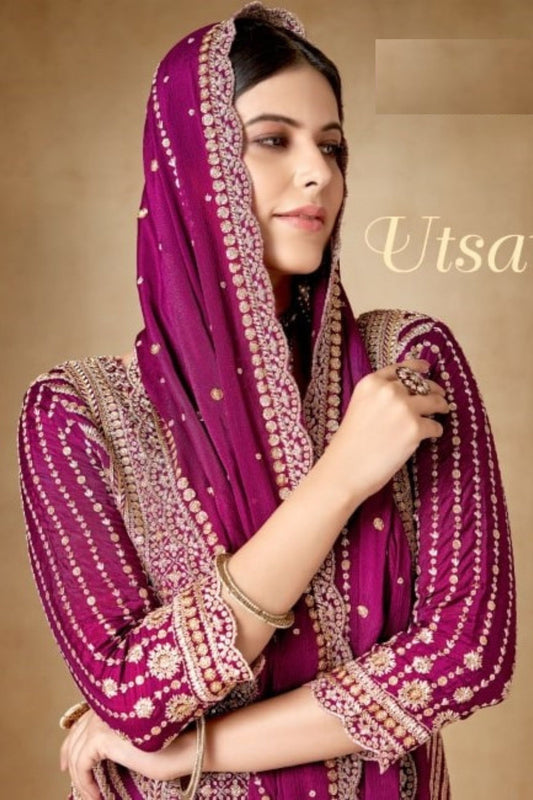 Pink Chinon Silk Sharara Suits - Sequence Embroidery Work, Zari Work