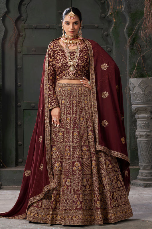 Maroon Georgette Embroidered Lehenga Choli For  Festival &  Wedding - Embroidery Work, Zarkan Work, Codding Work