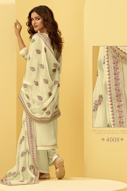 Yellow Georgette salwar suit - Thread Embroidery Work, Swarovski Work
