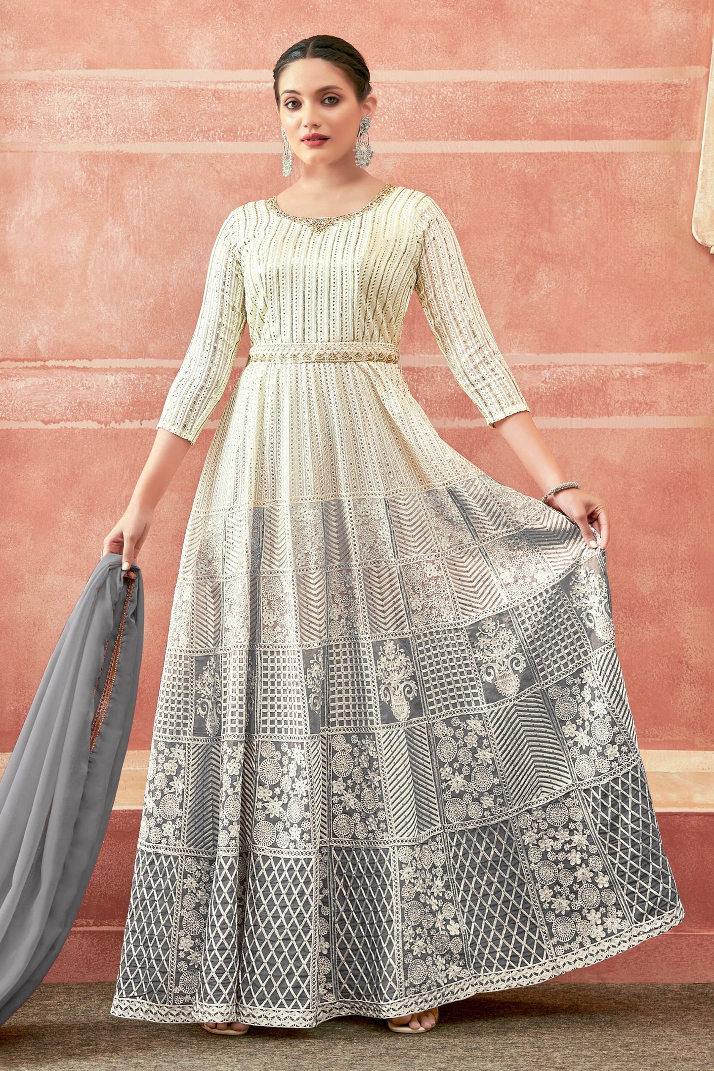 Gray Georgette Full Floor Dual Tone Length Anarkali Gown For  Festivals & Weddings - Thread Embroidery Work, Print Work