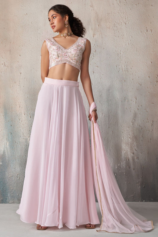 Light Pink Georgette Sleeveless Lehenga Choli For Festivals & Weddings - Khatli Work, Sequence Embroidery Work, Resham Work, Cut Dana Work, Moti Work