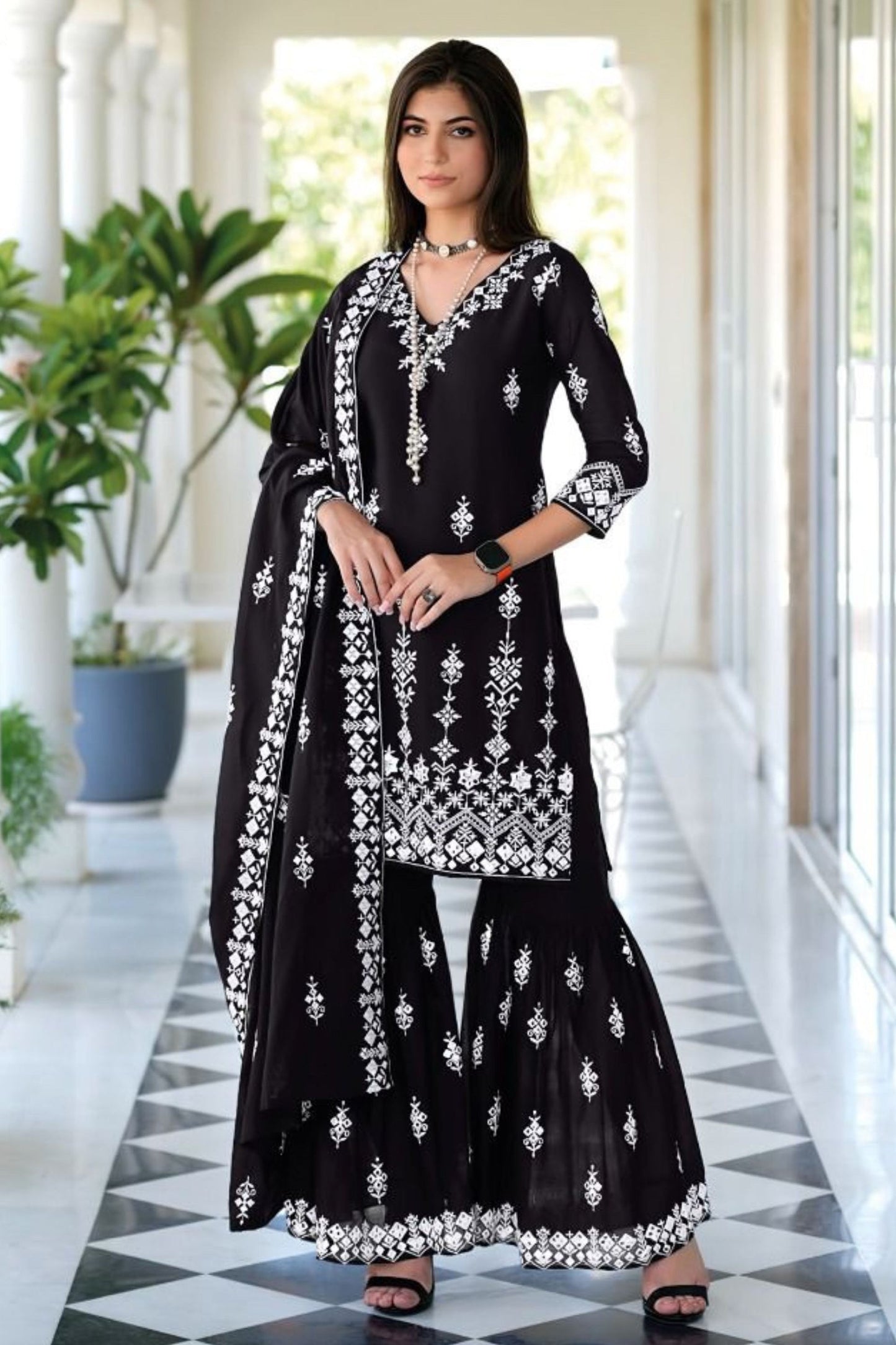 Black Mal Mal Sharara Suit - Embroidery Work
