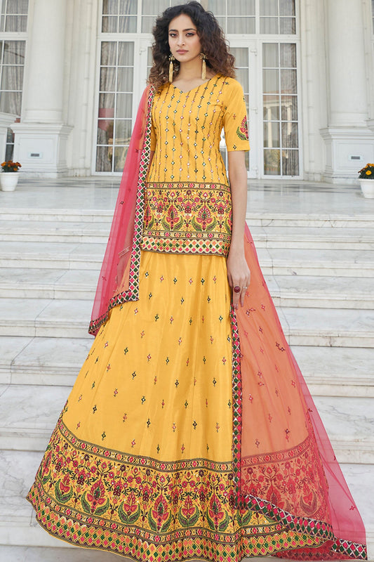 Yellow Chinon Lehenga Choli For Festivals & Weddings - Sequence Embroidery Work, Thread Embroidery Work