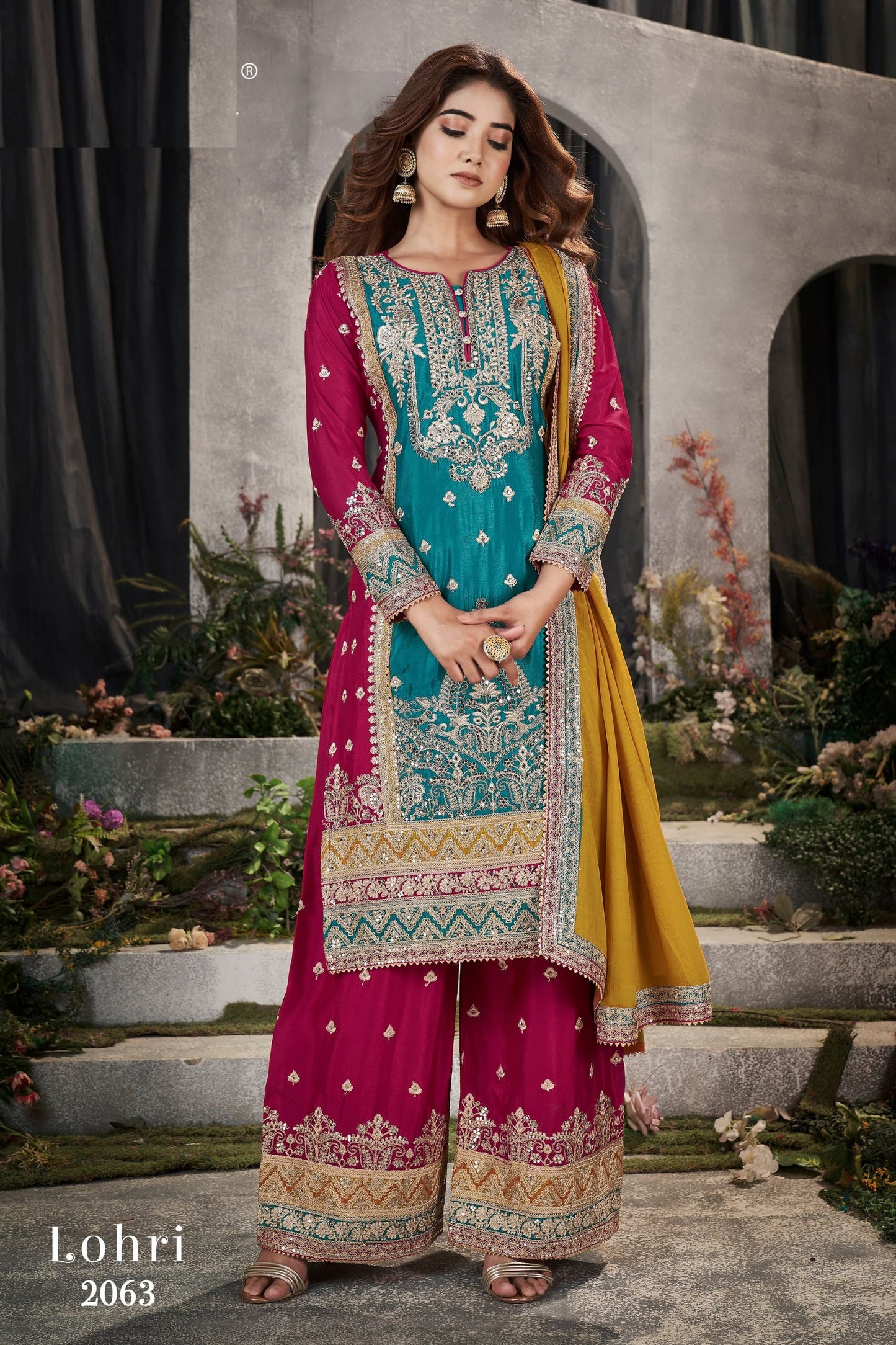 Turquoise Chinon Silk Plazo Suit - Sequence Embroidery Work, Mirror Work