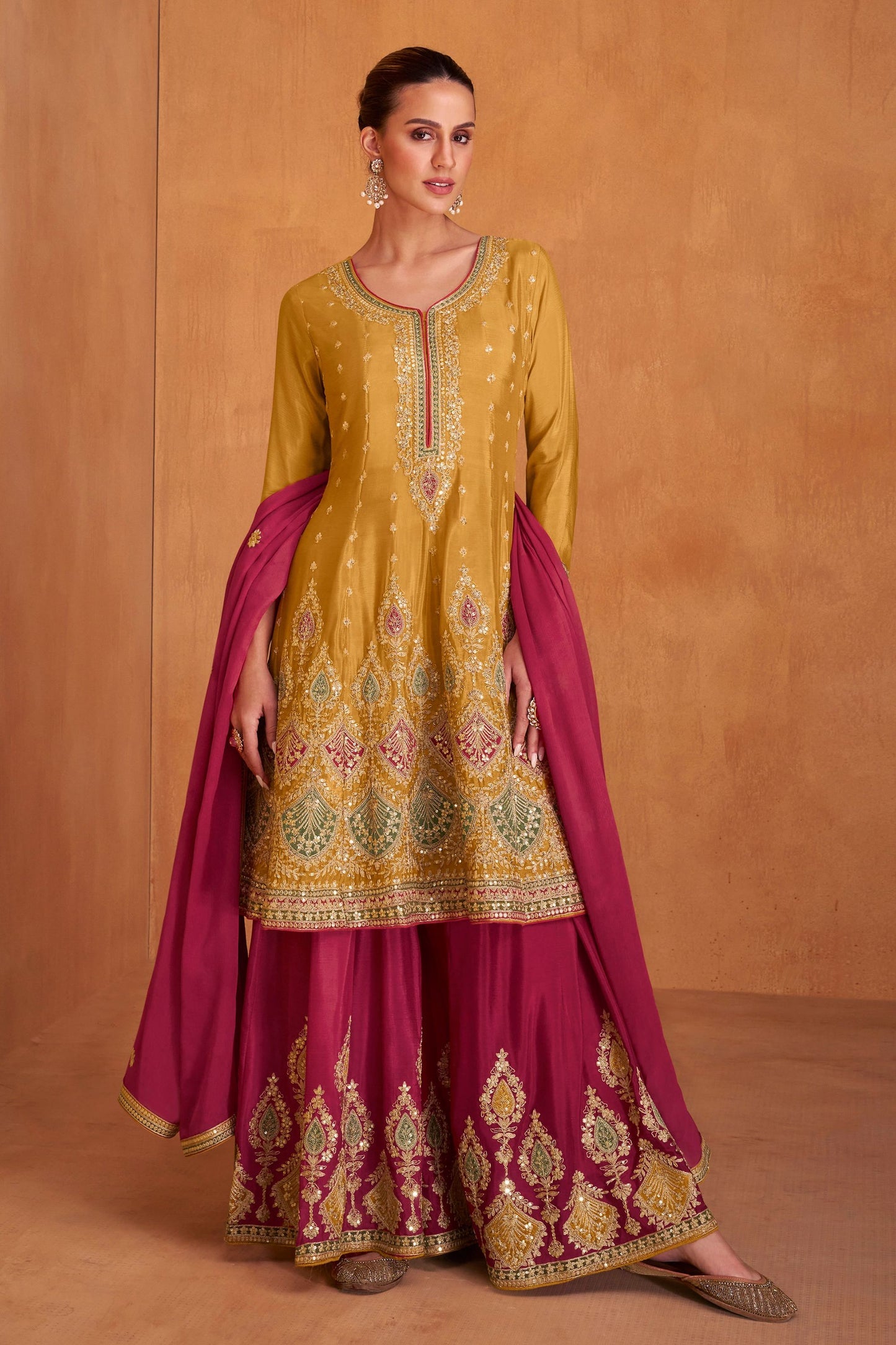 Mustard Chinon Silk Plus Size Plazzo Suit For Indian Festivals & Weddings - Embroidery Work