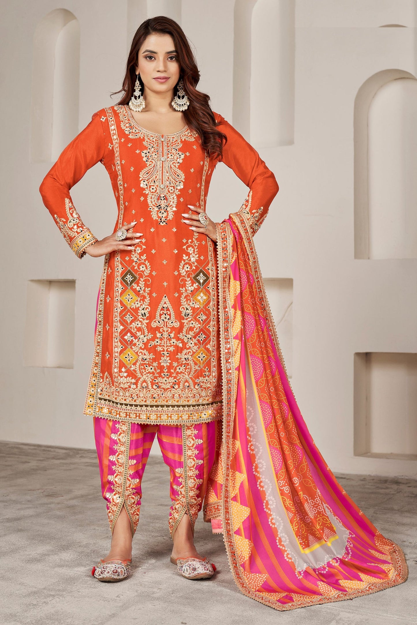 Orange Chinon Silk Salwar suit - Sequence Embroidery Work, Dori Work, Print Work, Mirror Work