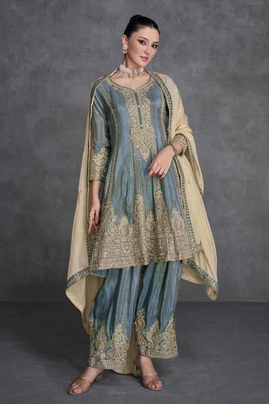 Grey Organza Salwar suit - Embroidery Work
