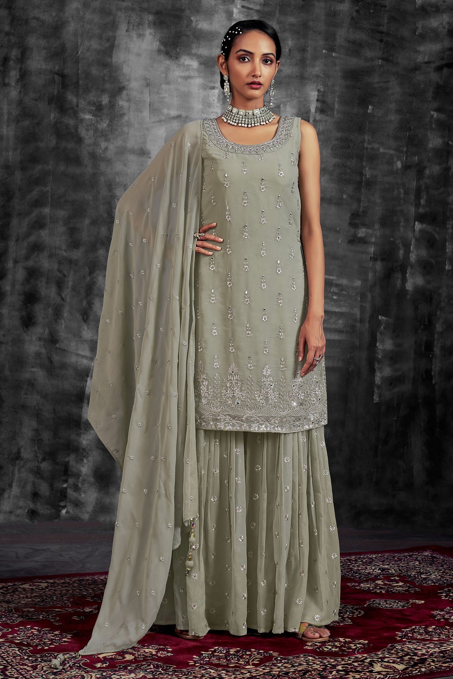 Pista Georgette Sharara suit - Thread Embroidery Work, Mirror Work, Zari Work, Zarkan Work