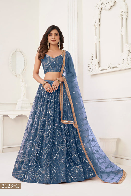 Steel Blue Net Embroidered Lehenga Choli For Festival & Weddings - Embroidery Work