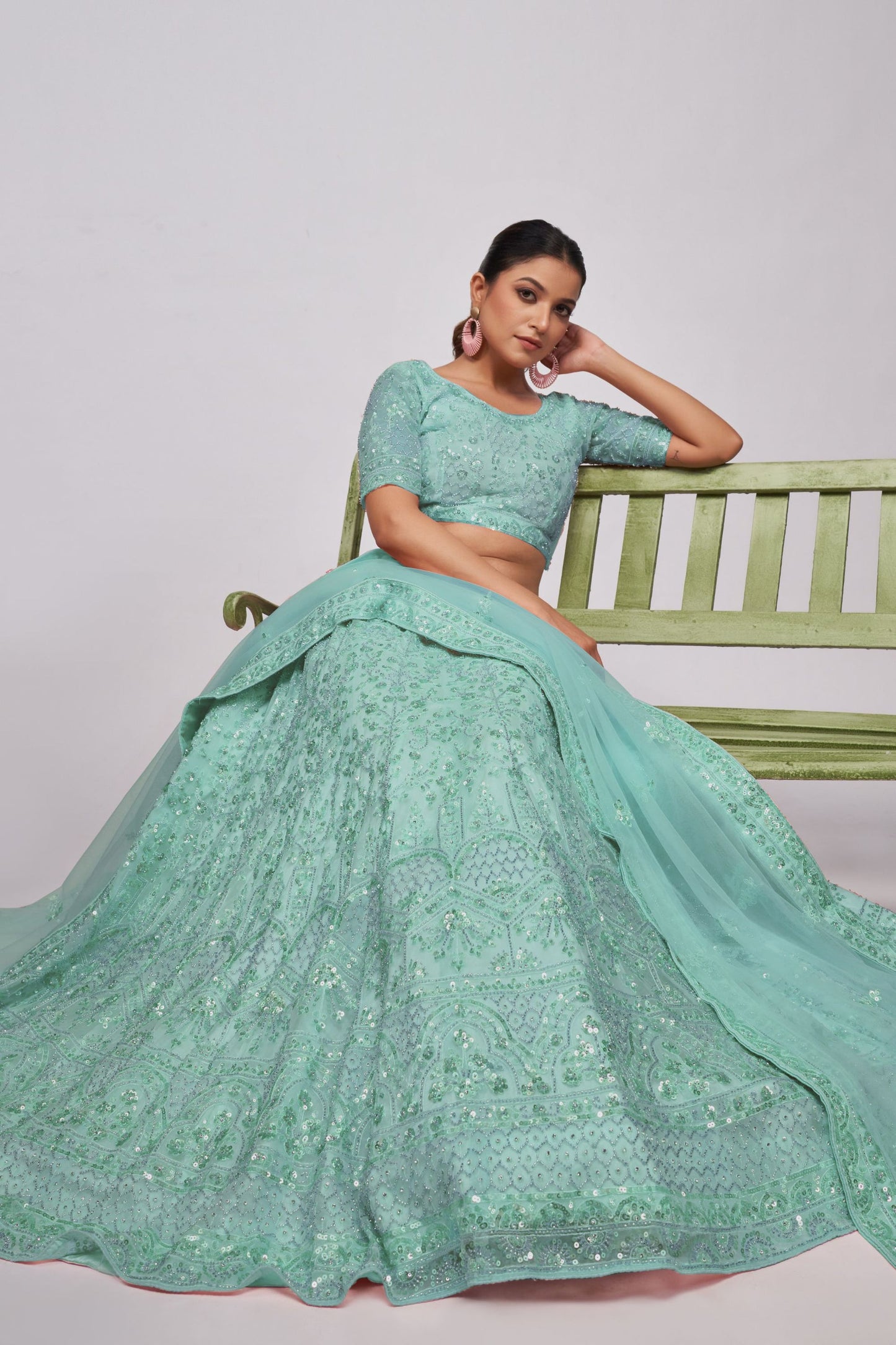 Seafoam Green Net Lehenga Choli For  Festivals & Weddings - Sequence Embroidery Work, Bead Work