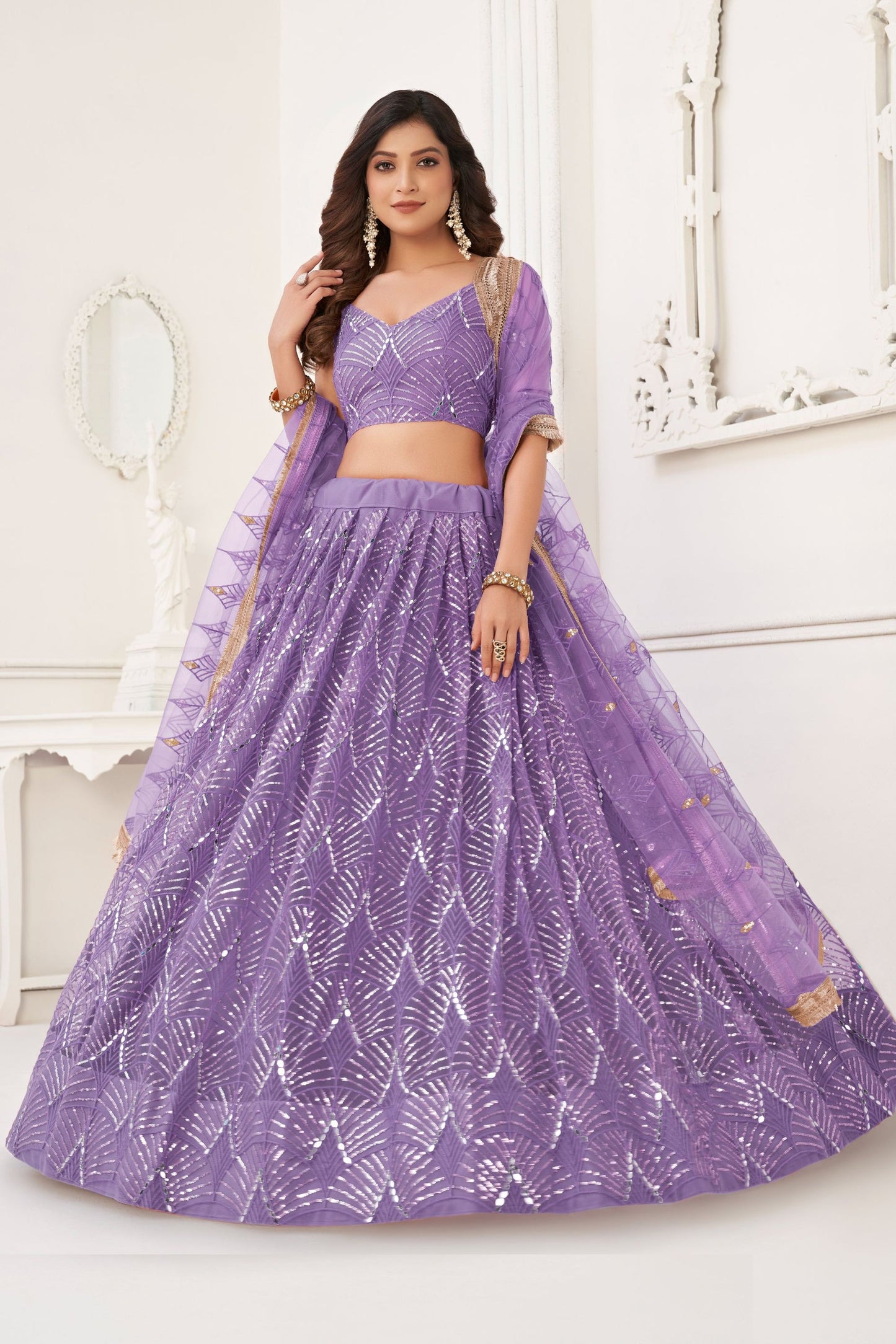 Purple Net Embroidered Lehenga Choli For  Festival & Weddings - Embroidery Work