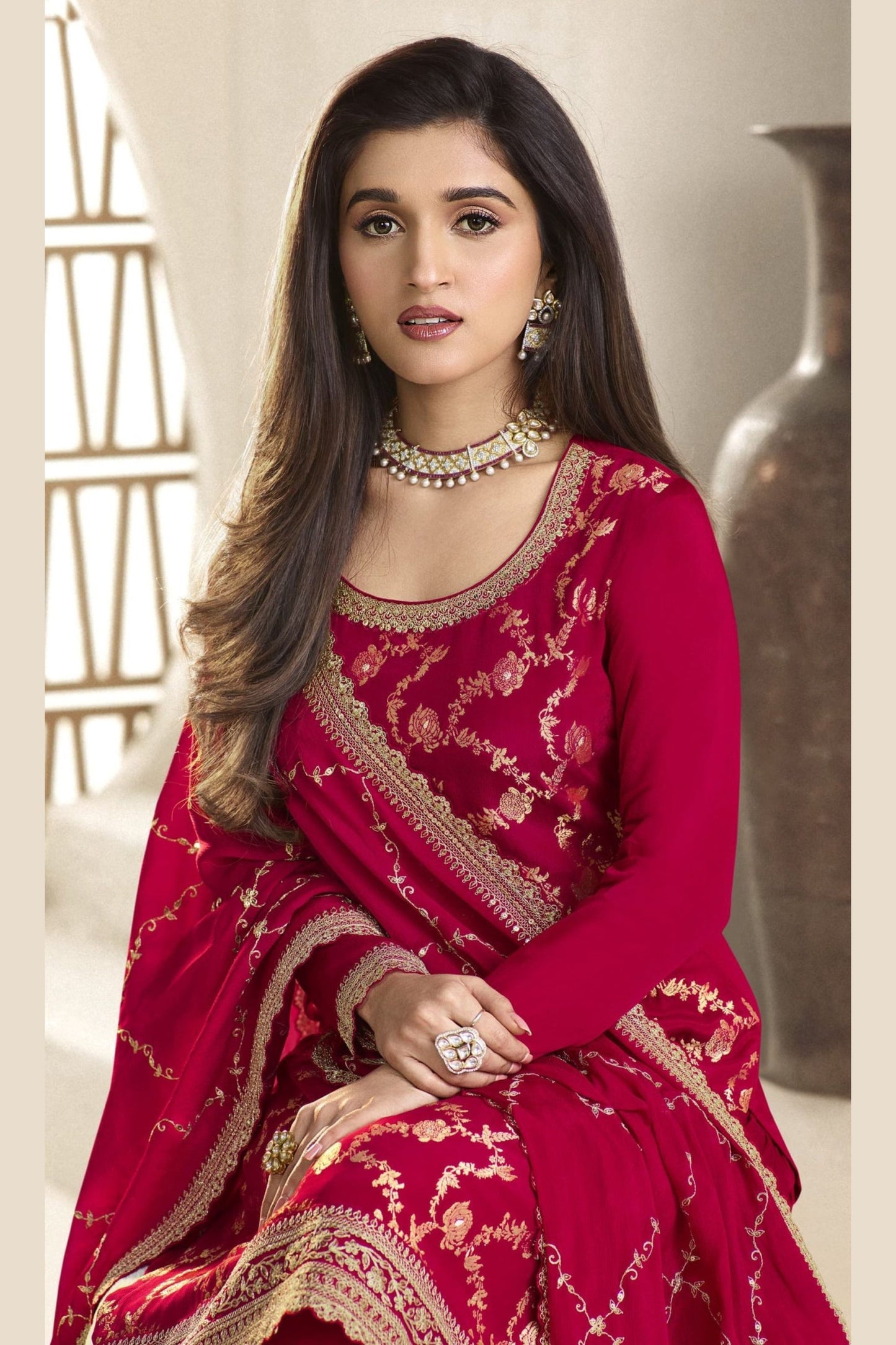 Red Jacquard Silk Palazzo Suit - Embroidery Work
