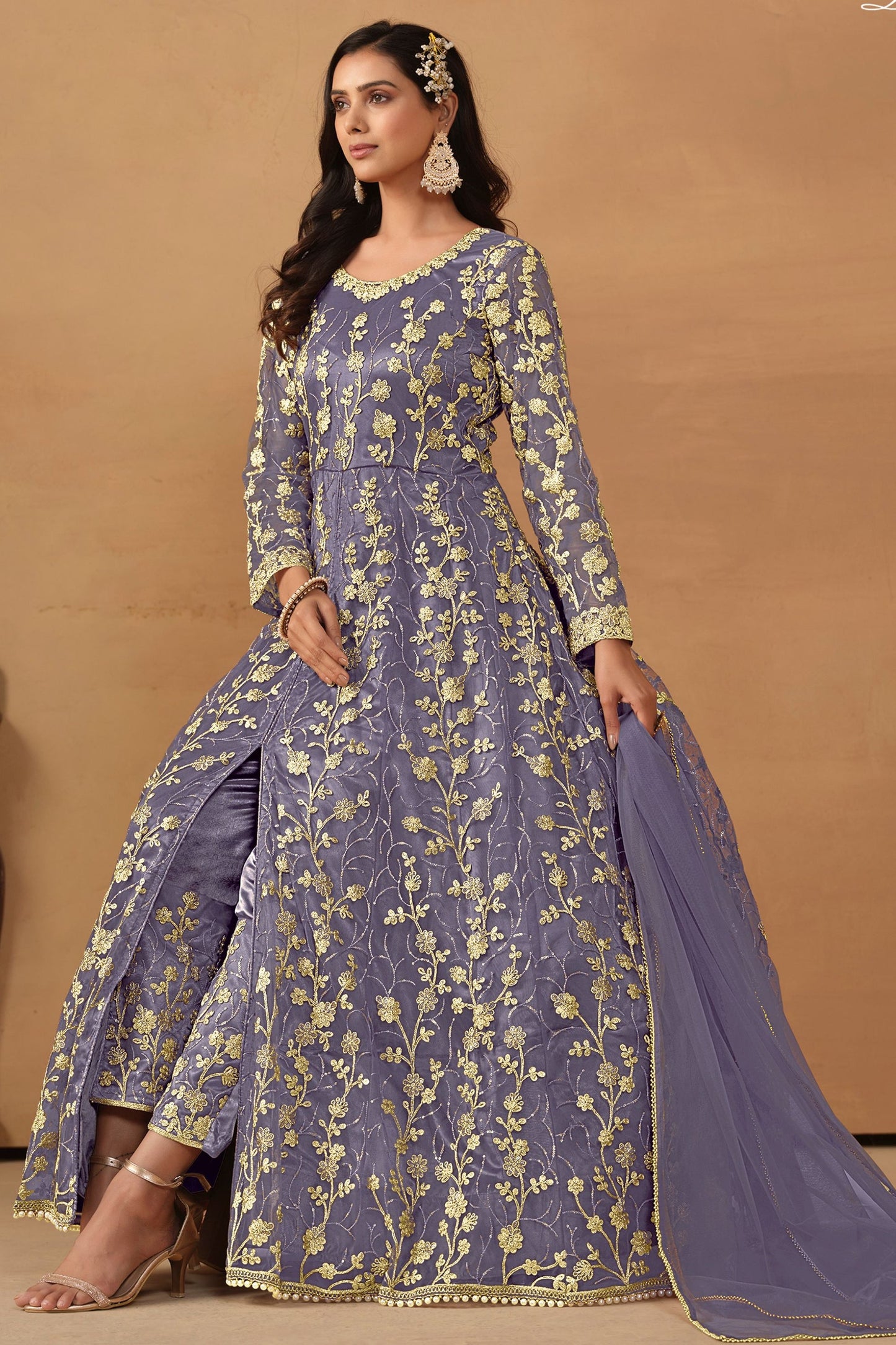 Purple Net Full Length Anarkali Dress with Front Slit For  Festivals & Weddings - Thread & Sequence Embroidery Work