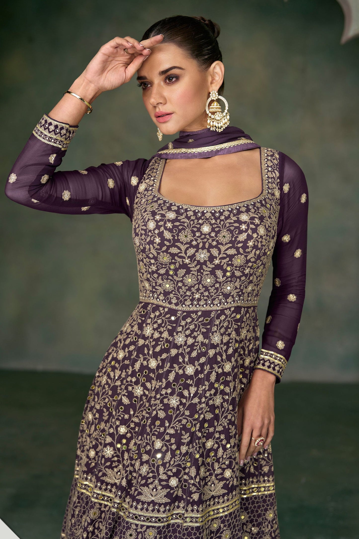 Purple Georgette Floor Full Length Embroidered Anarkali Gown For  Festivals &  Weddings - Embroidery Work