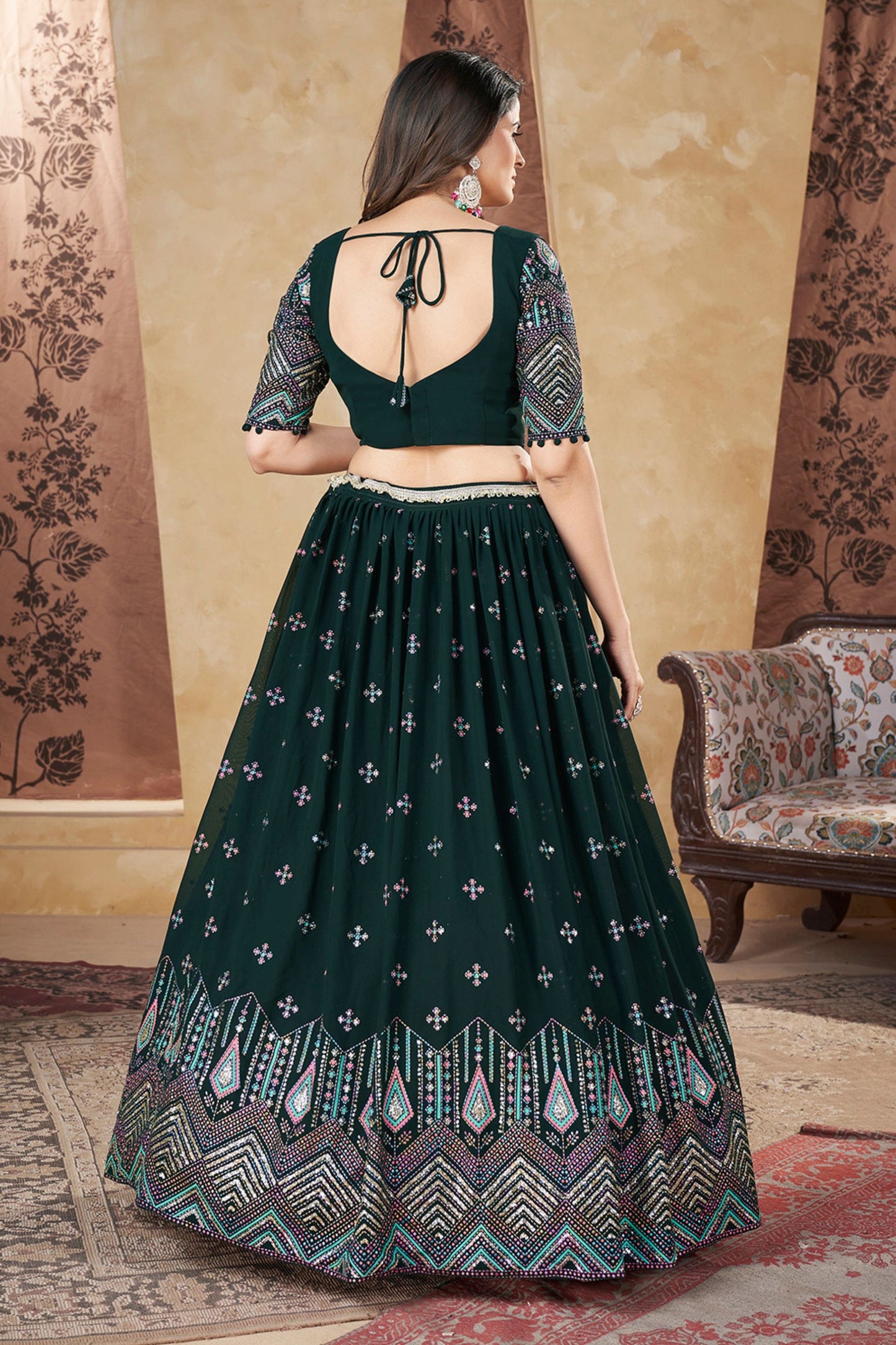 Green Georgette Lehenga Choli For Festivals & Weddings - Thread Embroidery Work, Foil Mirror Work