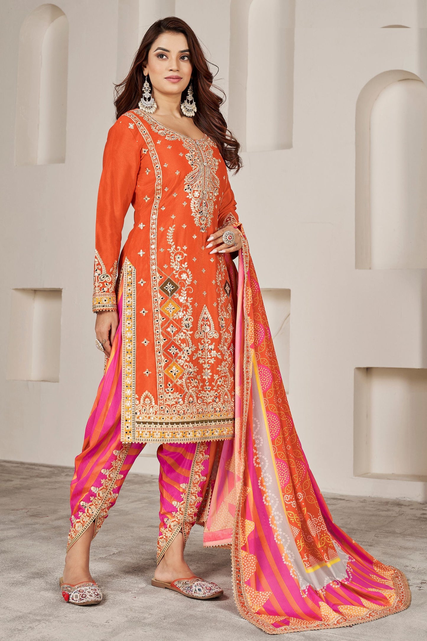 Orange Chinon Silk Salwar suit - Sequence Embroidery Work, Dori Work, Print Work, Mirror Work