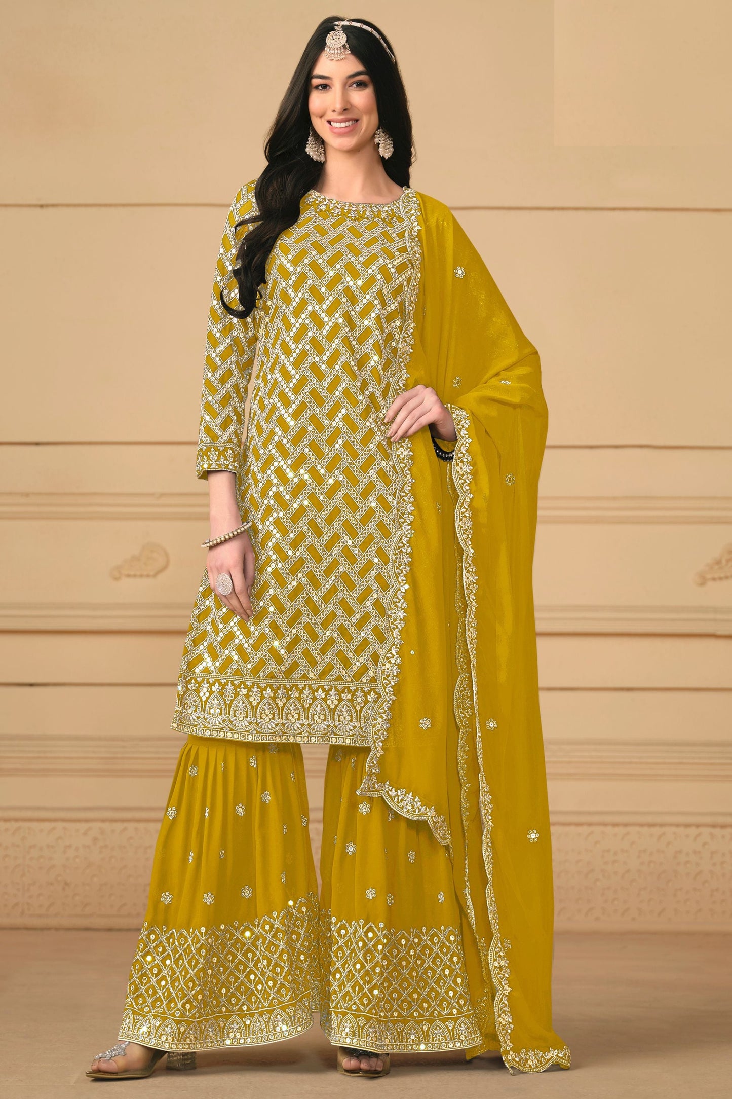Golden Georgette Sharara Suit - Embroidery Work