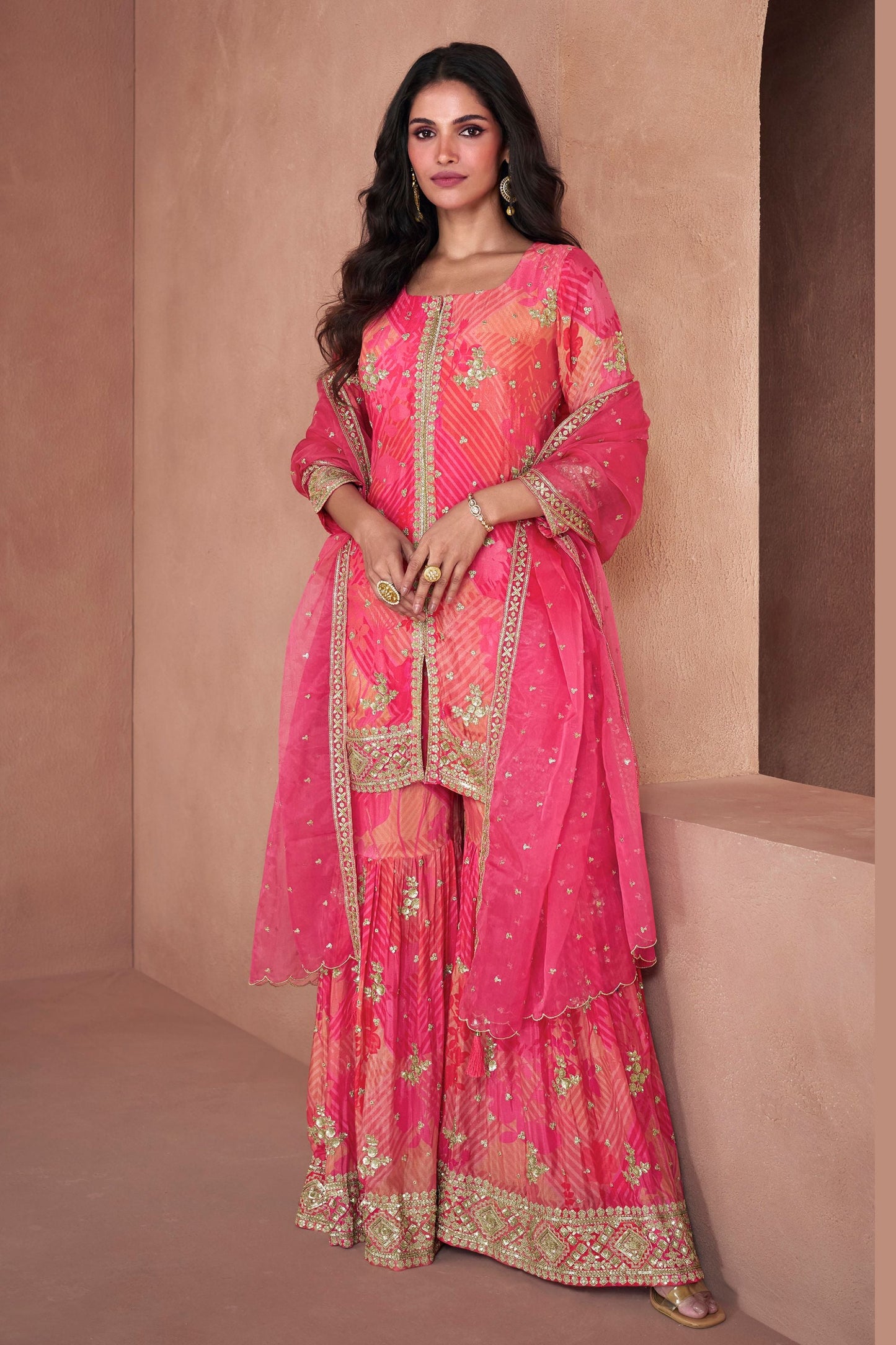 Pink Georgette Organza Sharara Suit - Print Work, Thread Embroidery Work