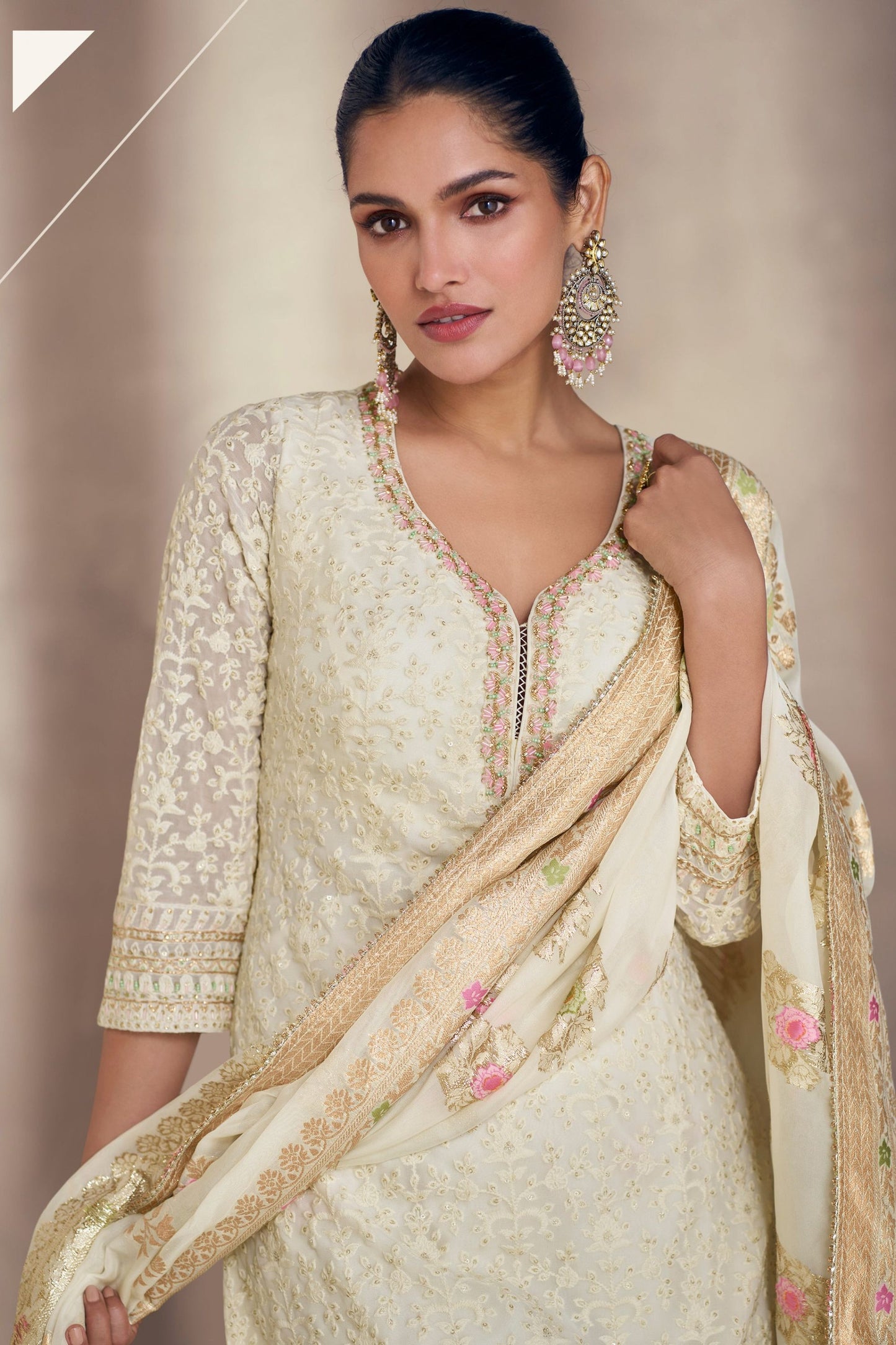 Off White Jacquard Silk Plazo Kameez - Embroidery Work