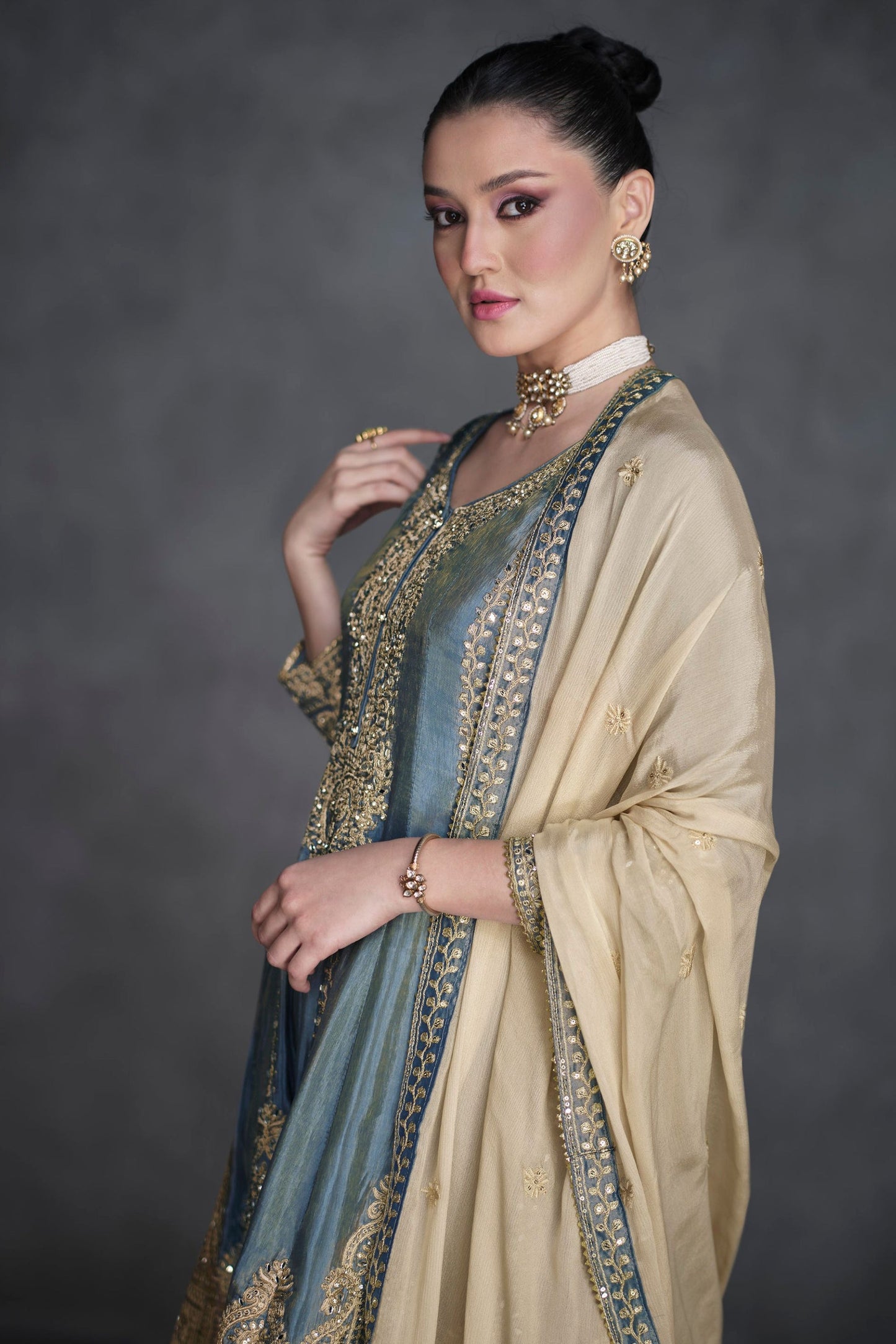 Grey Organza Salwar suit - Embroidery Work