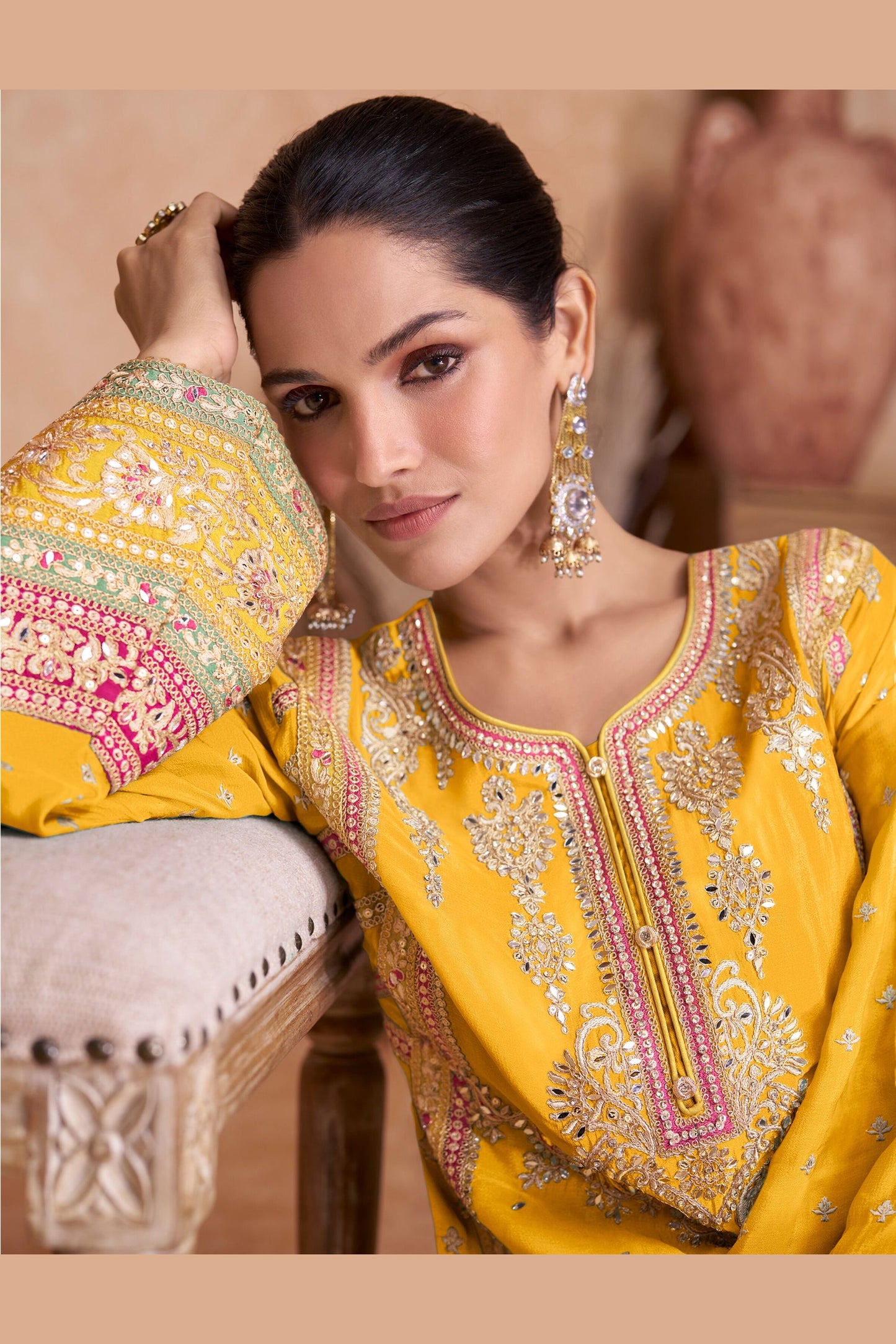 Yellow Chinon Plazo Suit For Indian Festivals & Weddings - Embroidery Work