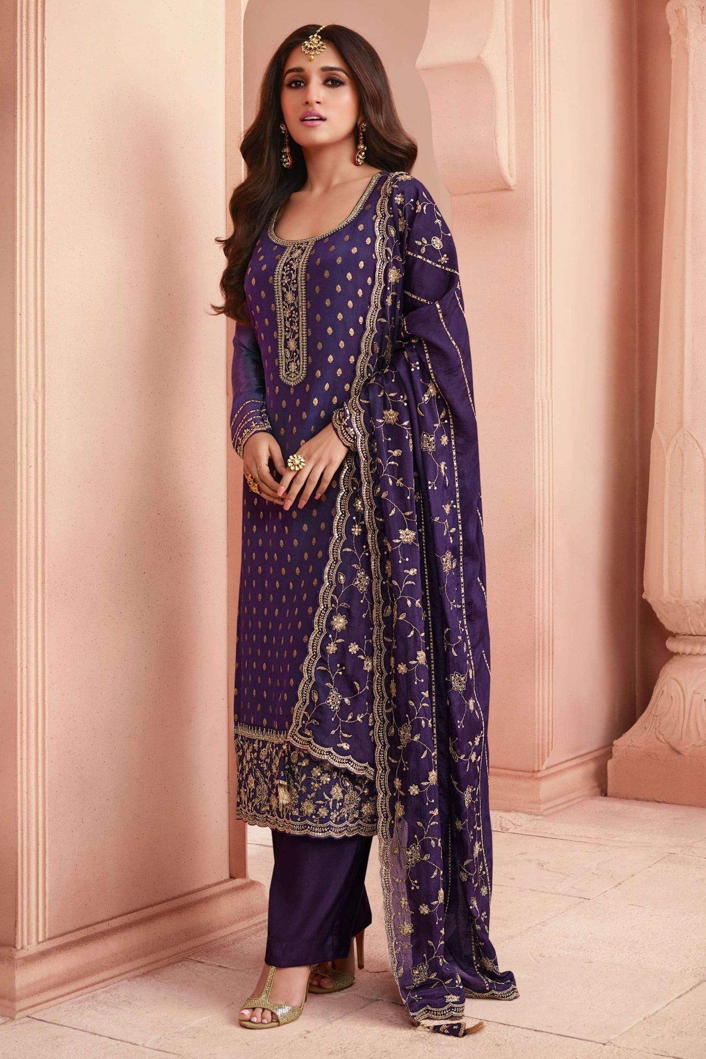 Purple Silk salwar suit - Thread Embroidery Work