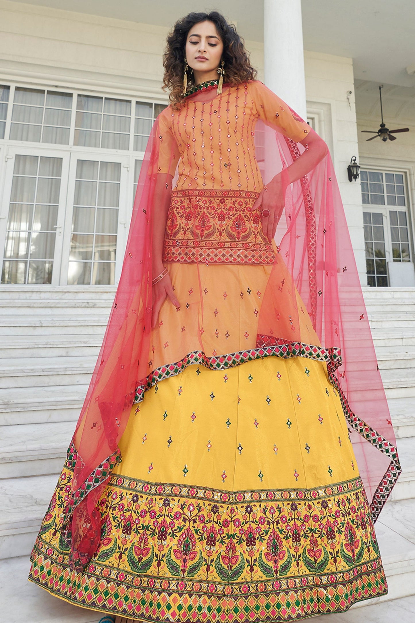 Yellow Chinon Lehenga Choli For Festivals & Weddings - Sequence Embroidery Work, Thread Embroidery Work