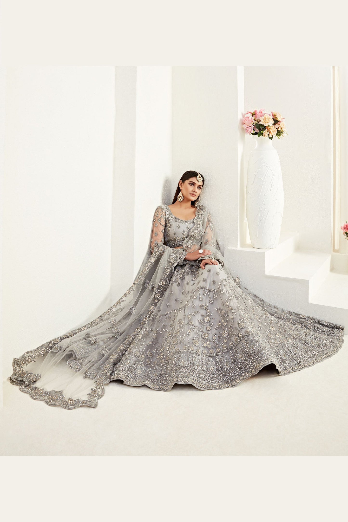 Grey Net Lehenga Choli For Festivals & Weddings - Thread Embroidery Work, Codding Embroidery Work, Butta Work, Stone Work