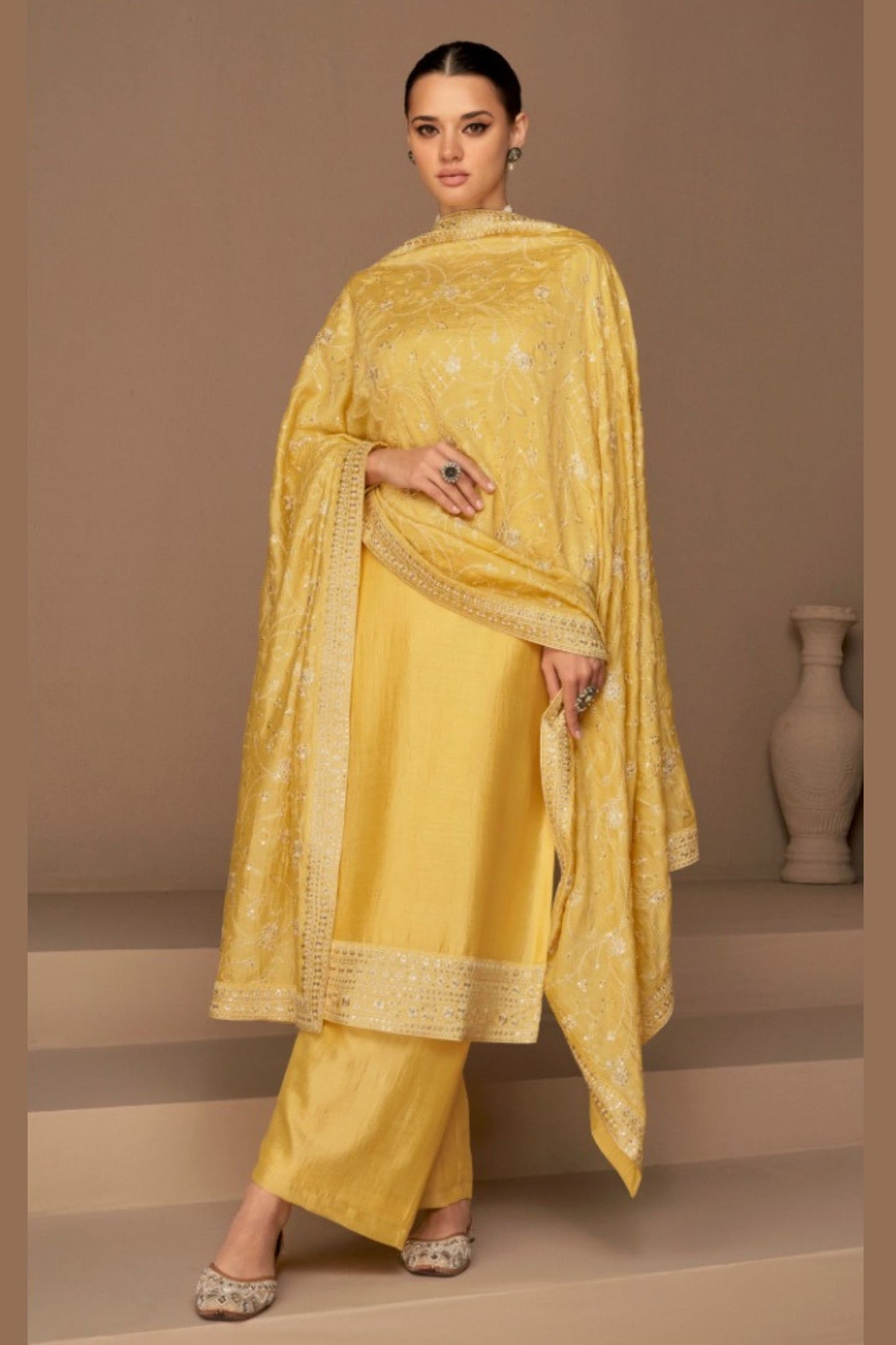 Yellow Chinon Silk salwar Suit - Thread Embroidery Work