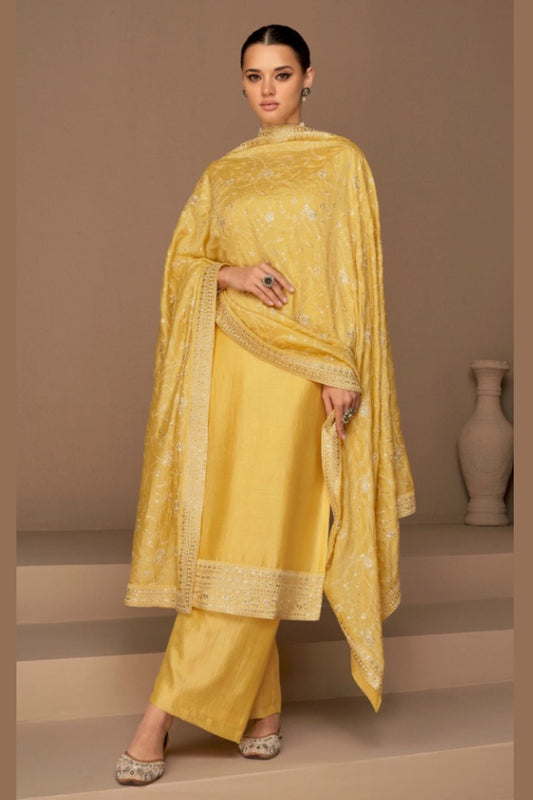 Yellow Chinon Silk salwar Suit - Thread Embroidery Work