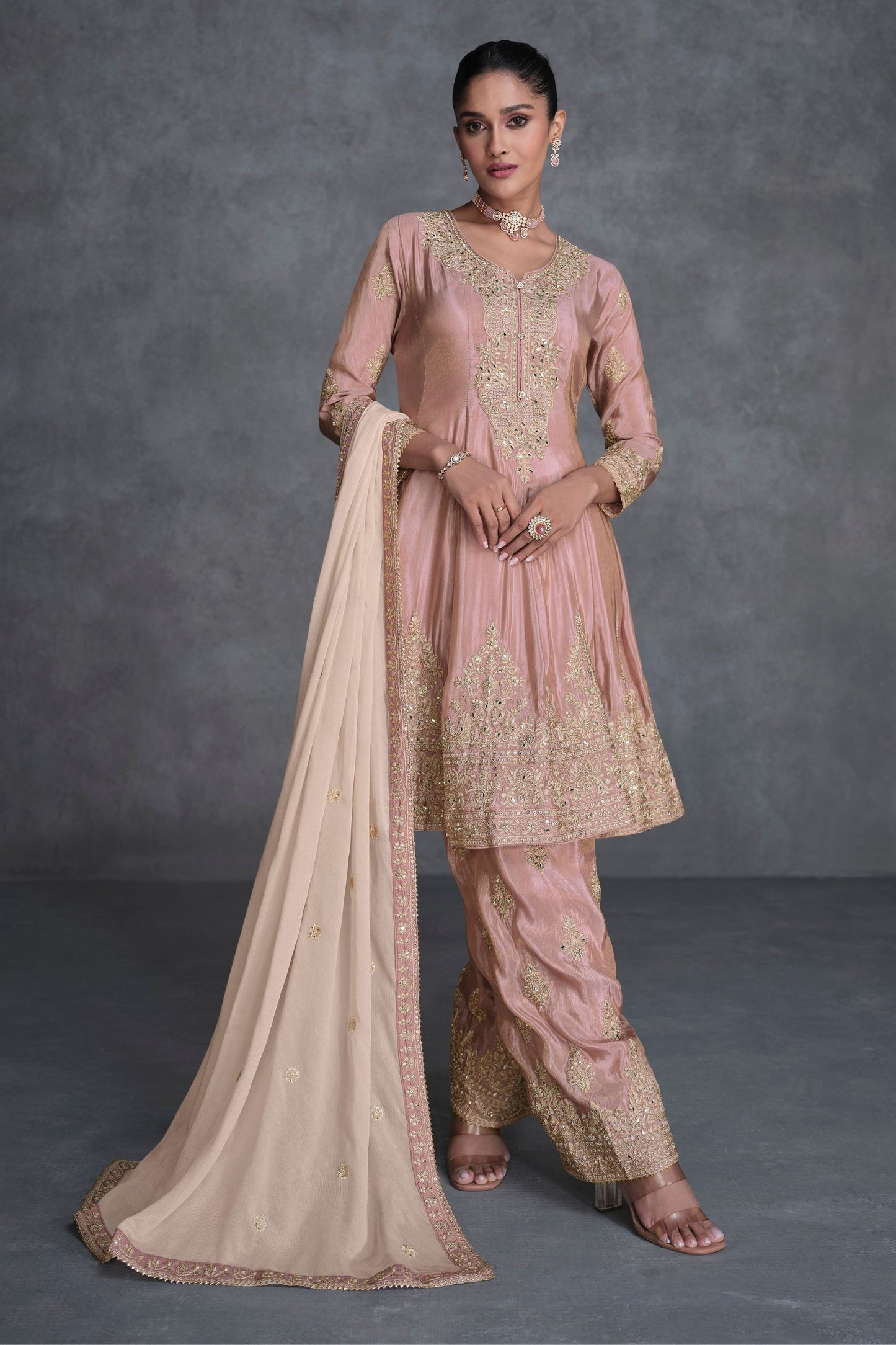 Baby Pink Organza salwar suit - Embroidery Work