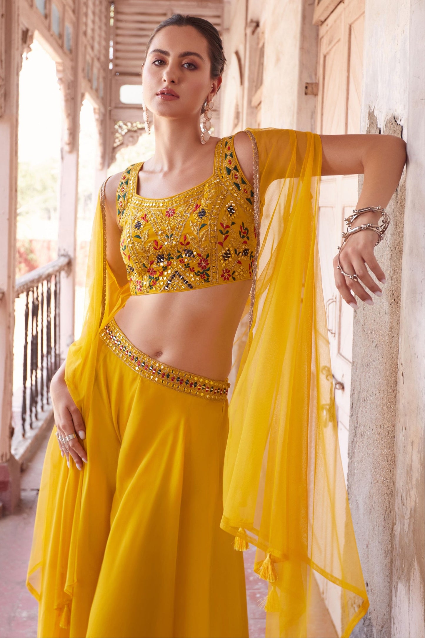 Yellow Georgette Palazzo Choli For Festivals & Weddings - Thread Embroidery Work, Hand Embellishment, Mirror Work