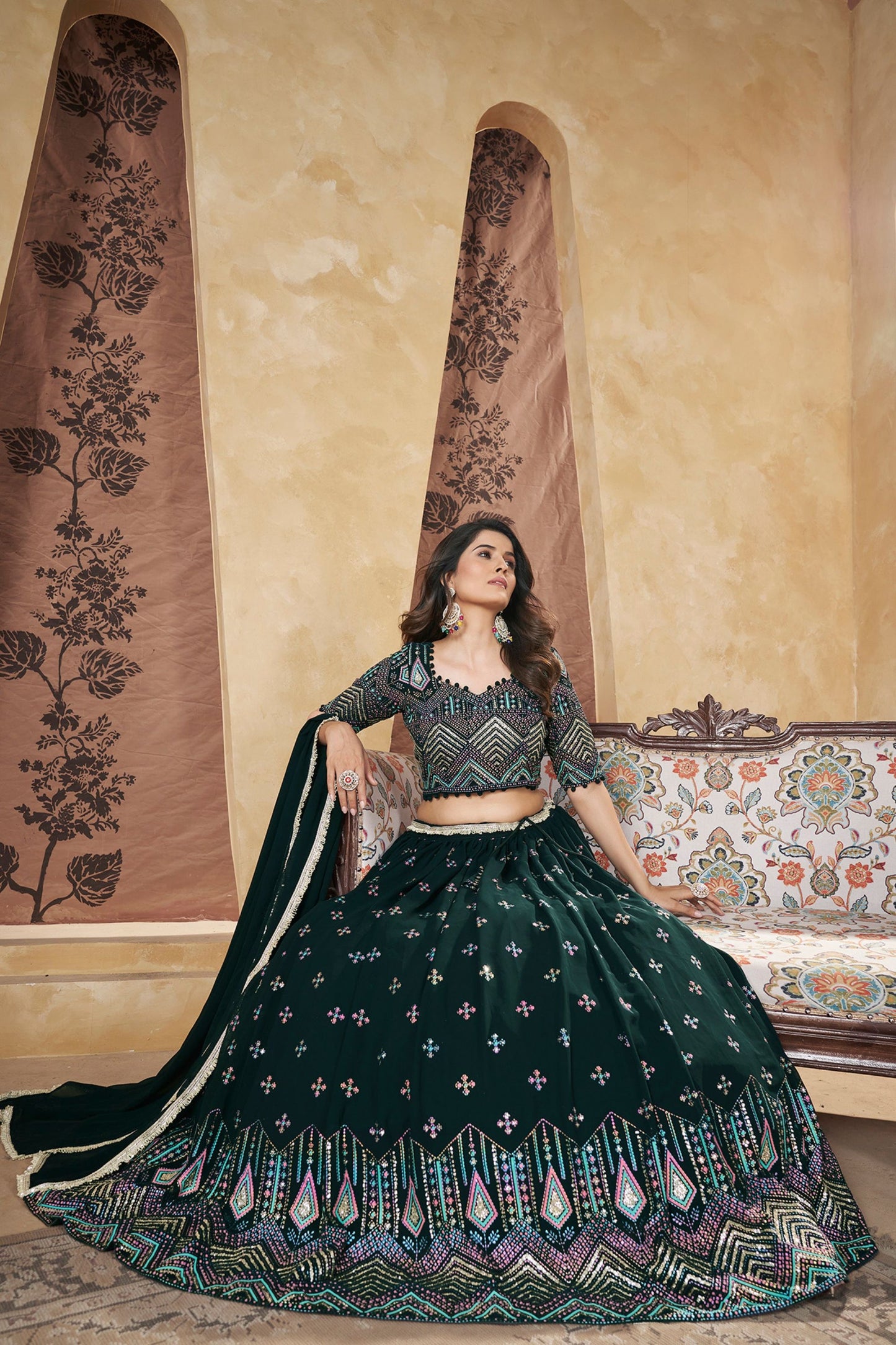 Green Georgette Lehenga Choli For Festivals & Weddings - Thread Embroidery Work, Foil Mirror Work