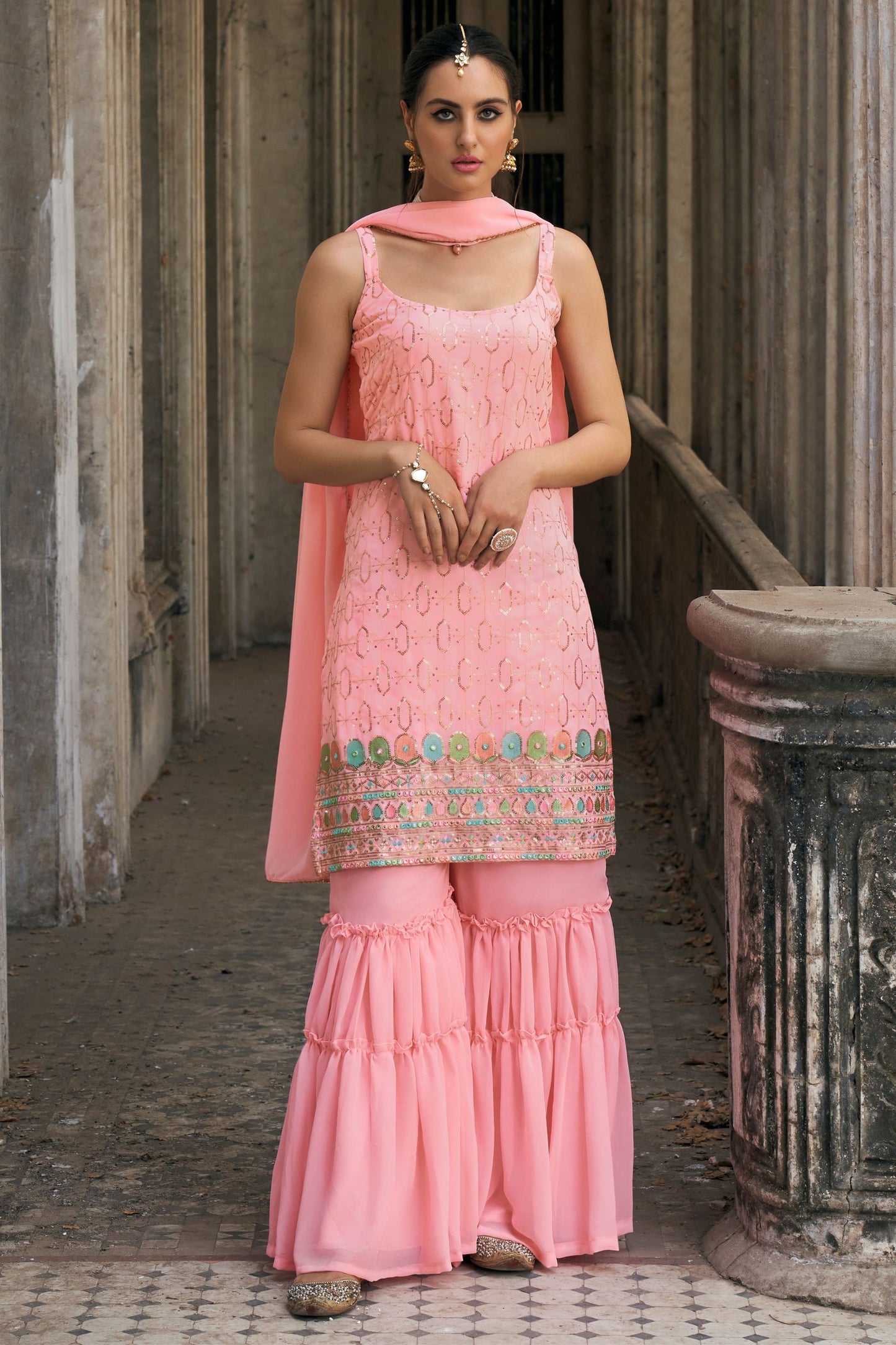 Baby Pink Georgette Sharara Suit - Thread & Sequence Embroidery Work