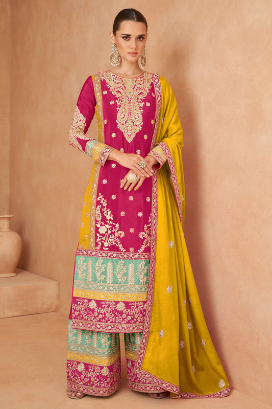 Pink Chinon Plazo Suits For  Festivals &  Wedding - Embroidery Work