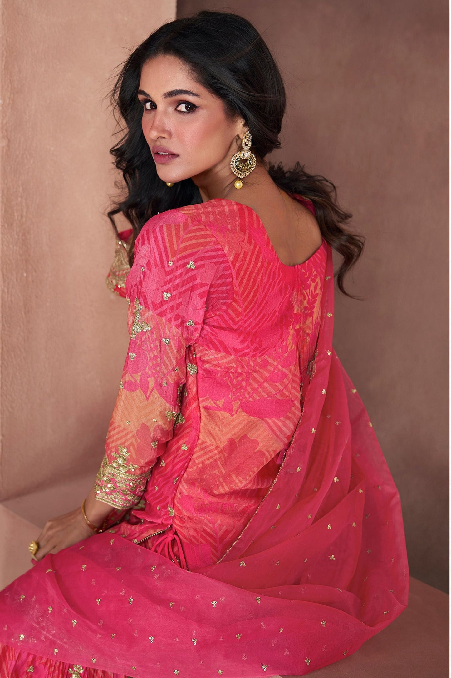 Pink Georgette Organza Sharara Suit - Print Work, Thread Embroidery Work