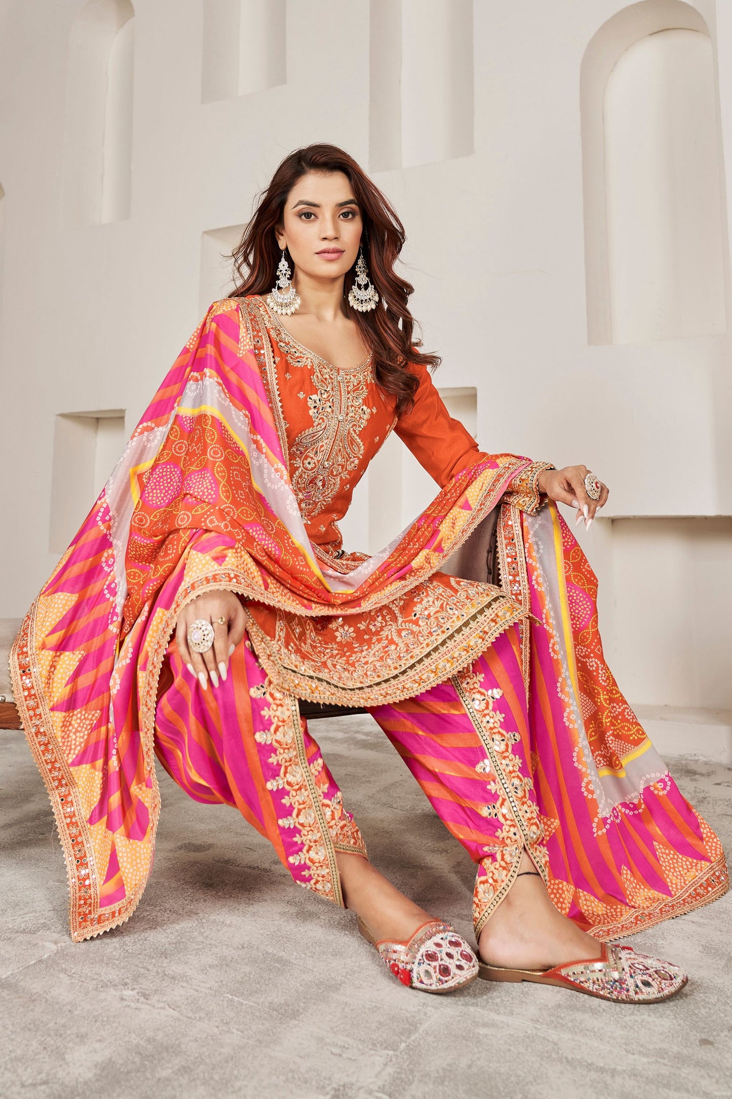 Orange Chinon Silk Salwar suit - Sequence Embroidery Work, Dori Work, Print Work, Mirror Work