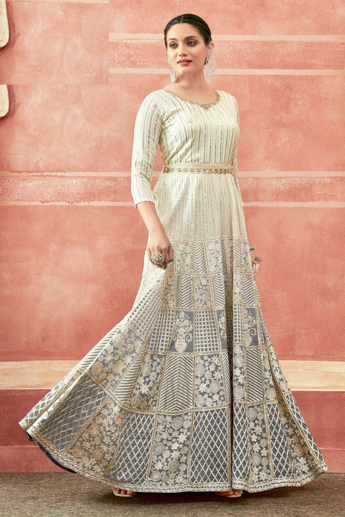 Gray Georgette Full Floor Dual Tone Length Anarkali Gown For  Festivals & Weddings - Thread Embroidery Work, Print Work