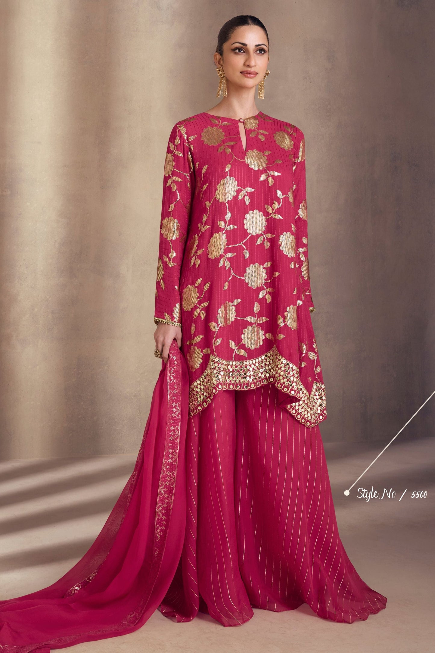 Dark Pink Georgette Plazo With Kameez Suit - Embroidery Work