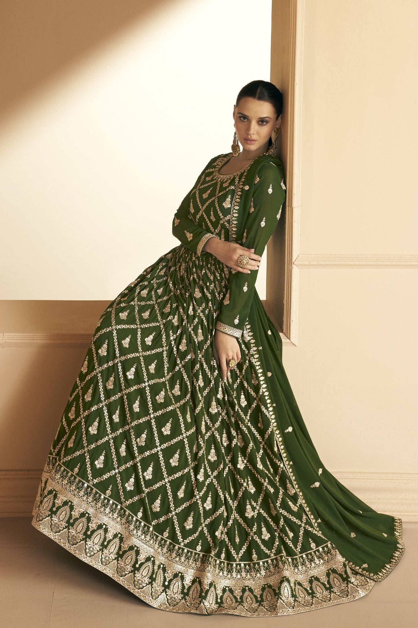 Green Georgette Anarkali Gown For  Festivals & Weddings - Thread Embroidery Work